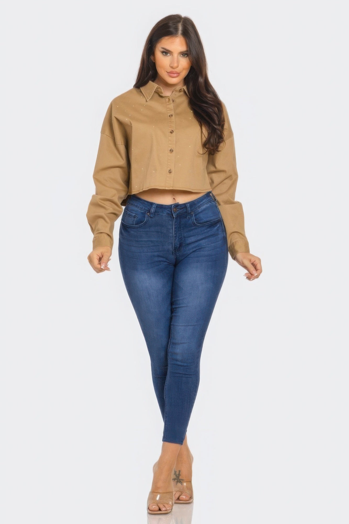 Taupe Cropped Rhinestone Button-Front Shirt Secondary image