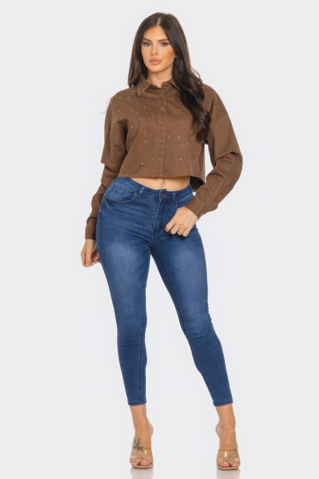 Brown Rhinestone Cropped Button-Front Shirt Secondary image