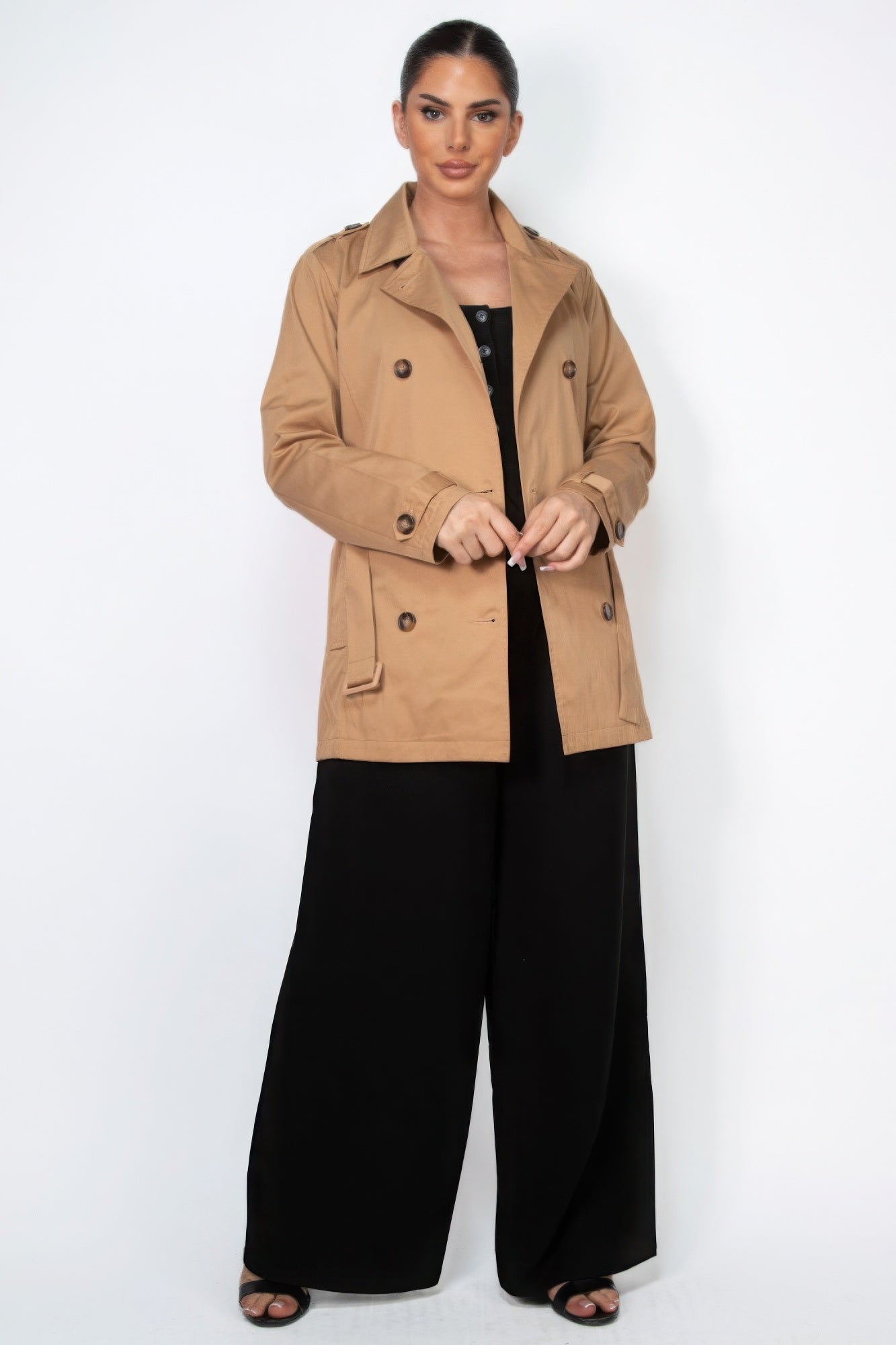 Camel Double-Breasted Belted Trench Coat Secondary image