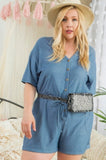 Short Sleeve Collar V Neck Waist Elastic Side Pocket Button Down Knit Romper