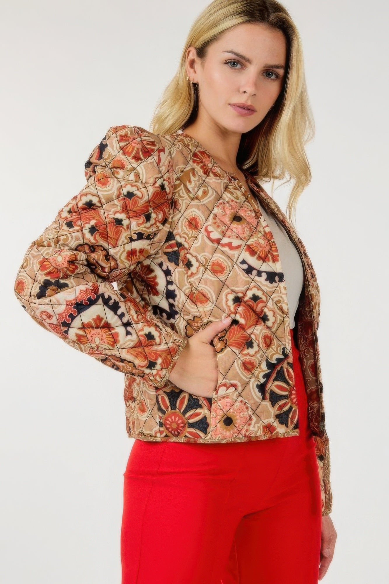 Tan Floral Multi-Print Quilted Zip Jacket Secondary image