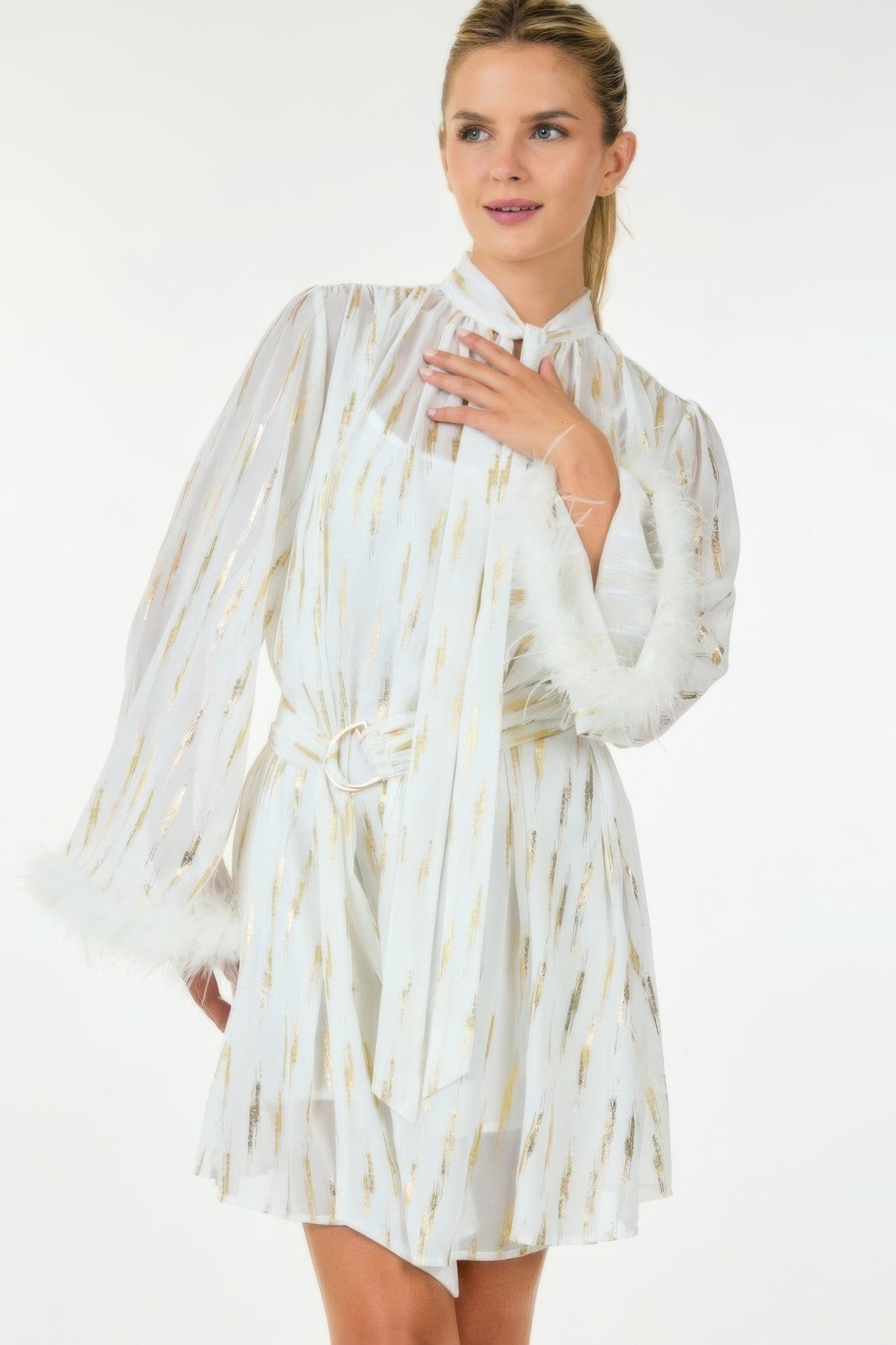 Off-White Metallic Stripe Tie-Neck Mini Dress Secondary image