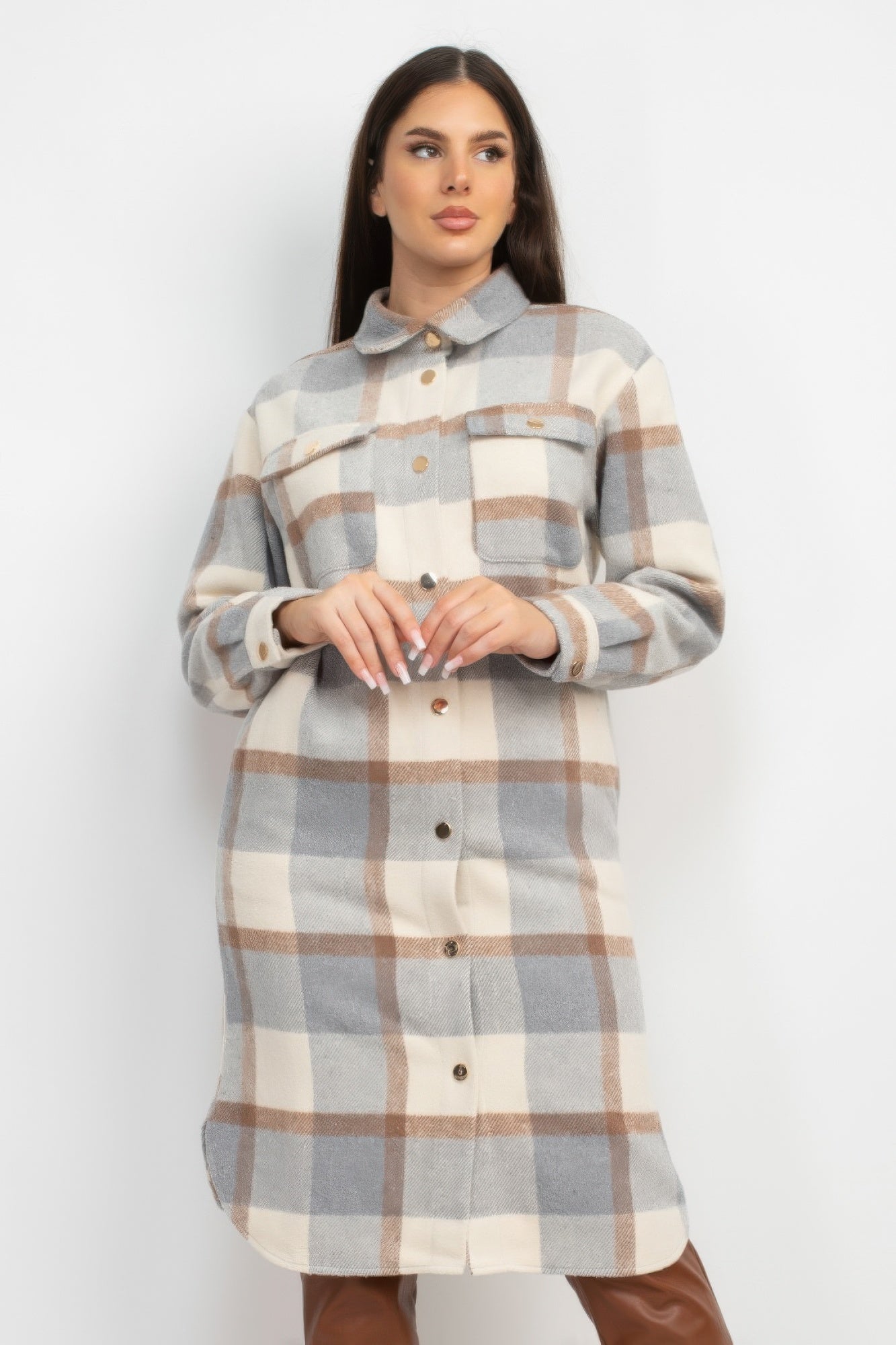 Cream and Grey Plaid Button-Front Shacket Secondary image