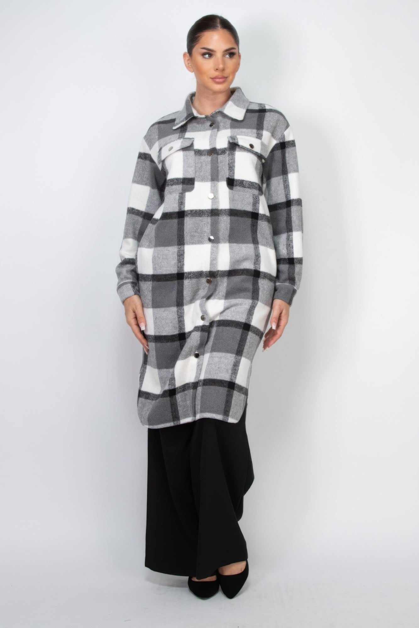 Gray and White Plaid Snap-Front Shacket Coat Secondary image