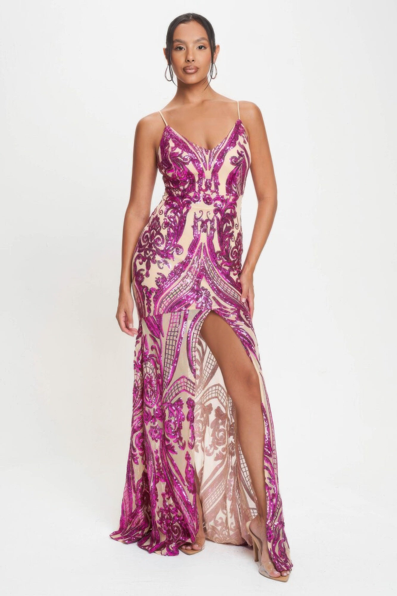 Fuchsia Art Deco Sequin Maxi Dress with Front Slit Secondary image