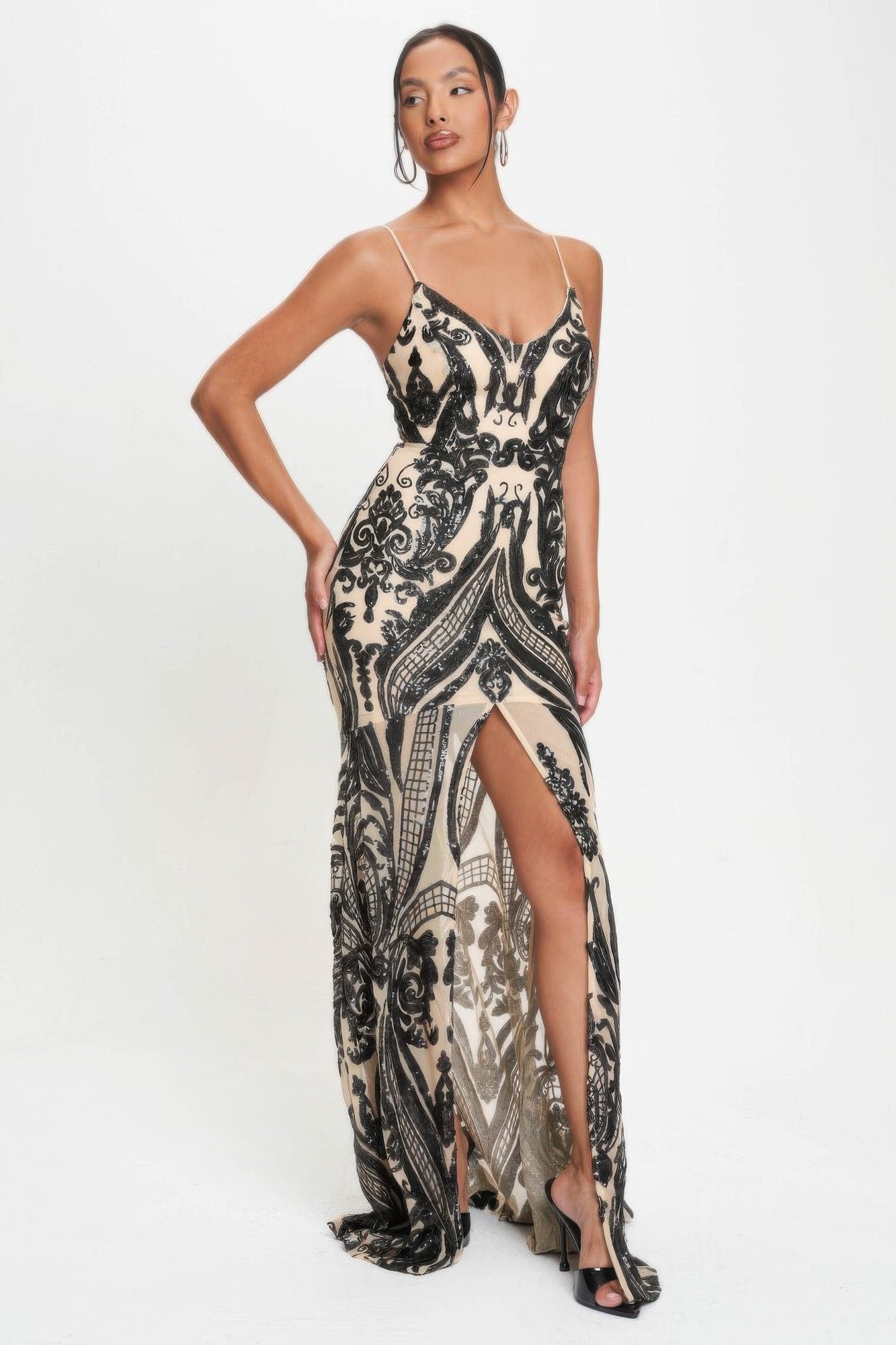 Black and Cream Art Deco Sequin Maxi Dress Secondary image