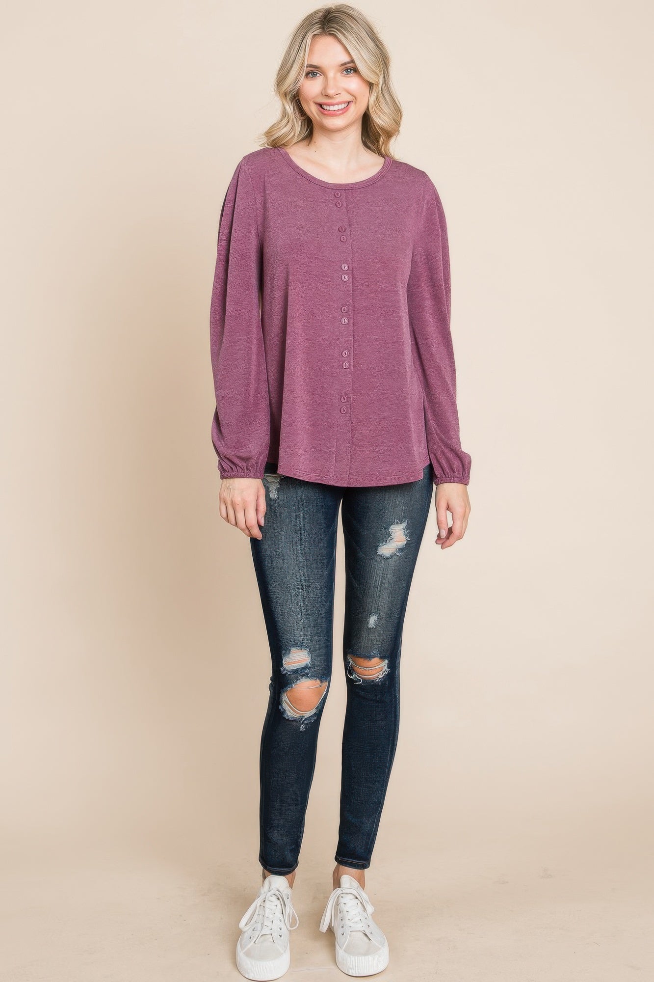 Burgundy Long Sleeve Button-Front Top Secondary image