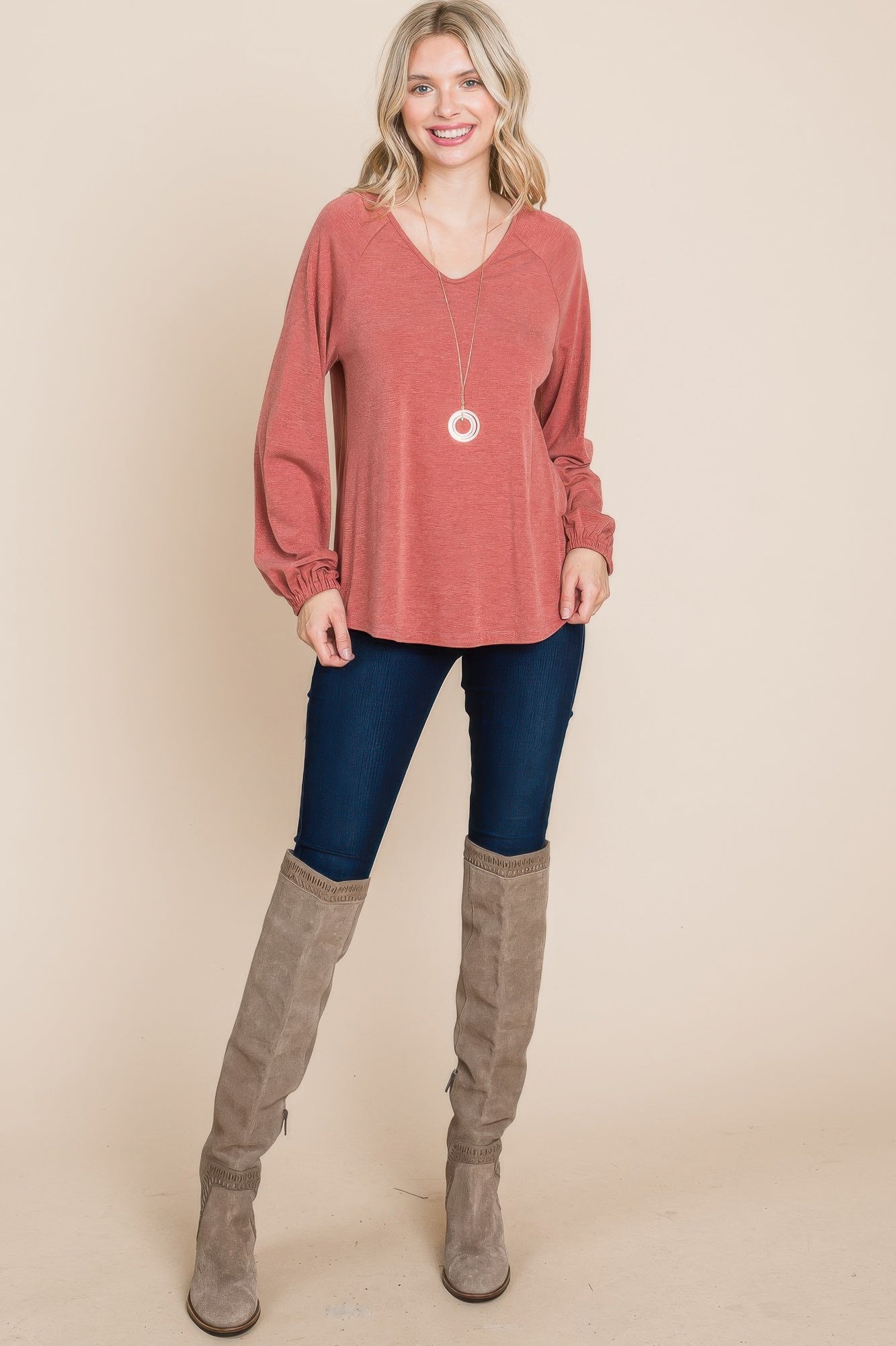 Rust V-Neck Long Sleeve Casual Top Secondary image