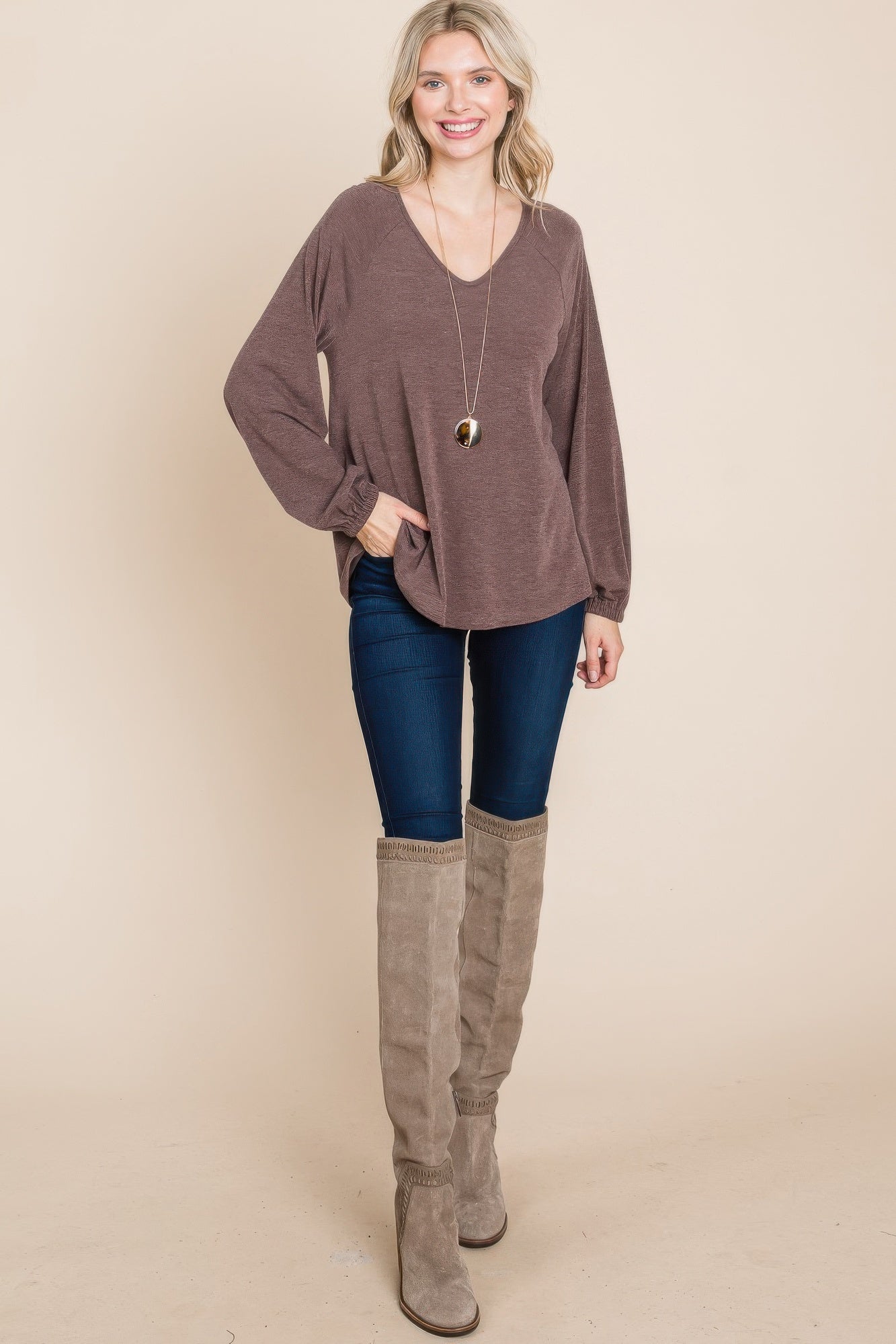Brown V-Neck Long Sleeve Top Secondary image