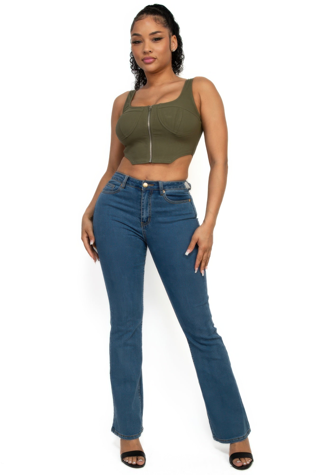 Olive Zip-Front Corset-Inspired Crop Top Secondary image