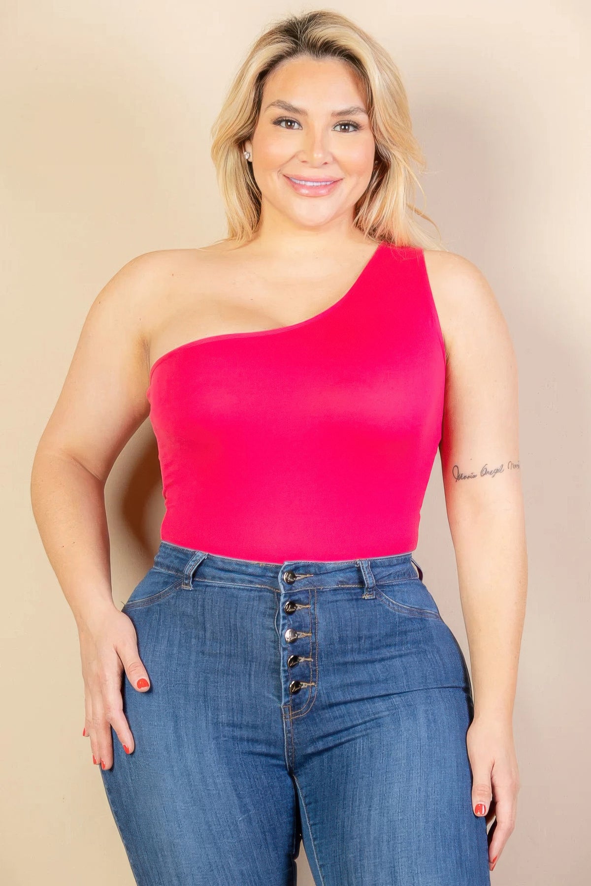 Plus size one shoulder solid casual bodysuit