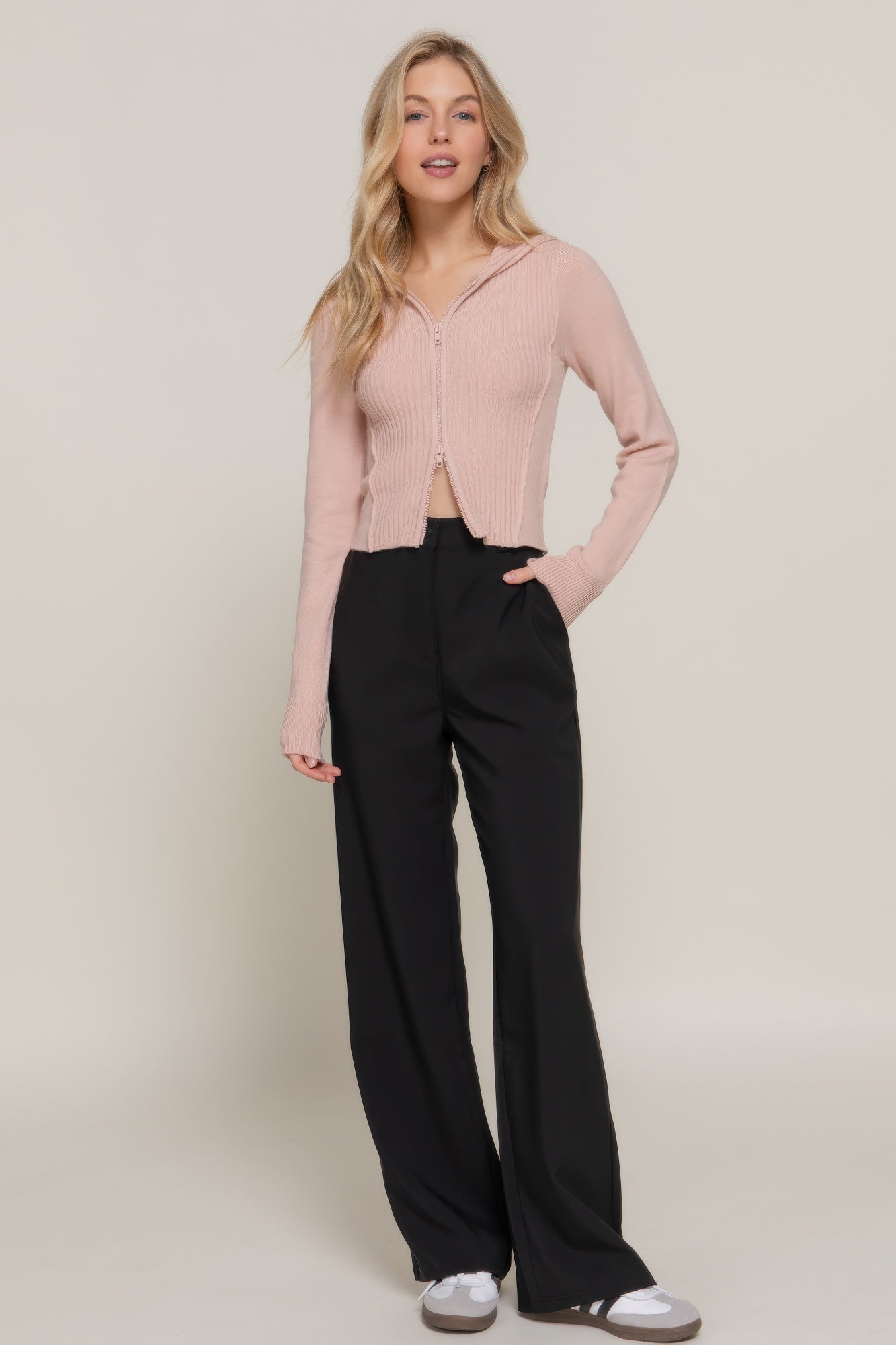 Beige Pink Ribbed Knit Zip-Up Hoodie Cardigan Secondary image