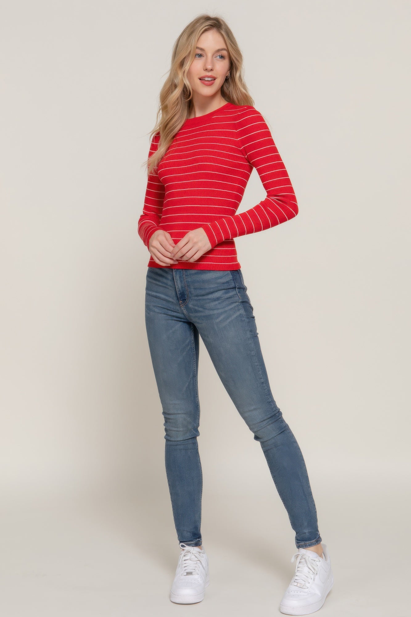 Red and White Striped Crew Neck Sweater Secondary image