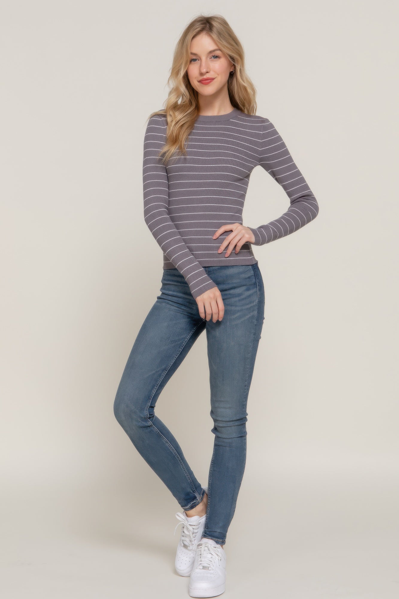 Grey and White Striped Crew Neck Sweater Secondary image