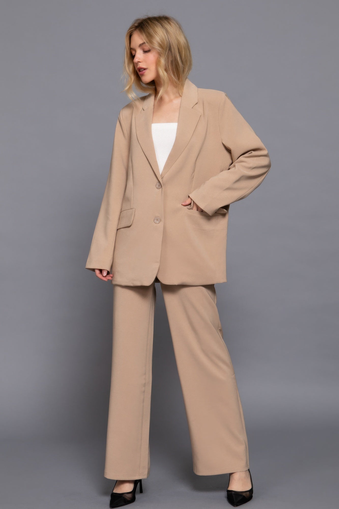 Taupe Notched Collar Button-Front Blazer Secondary image