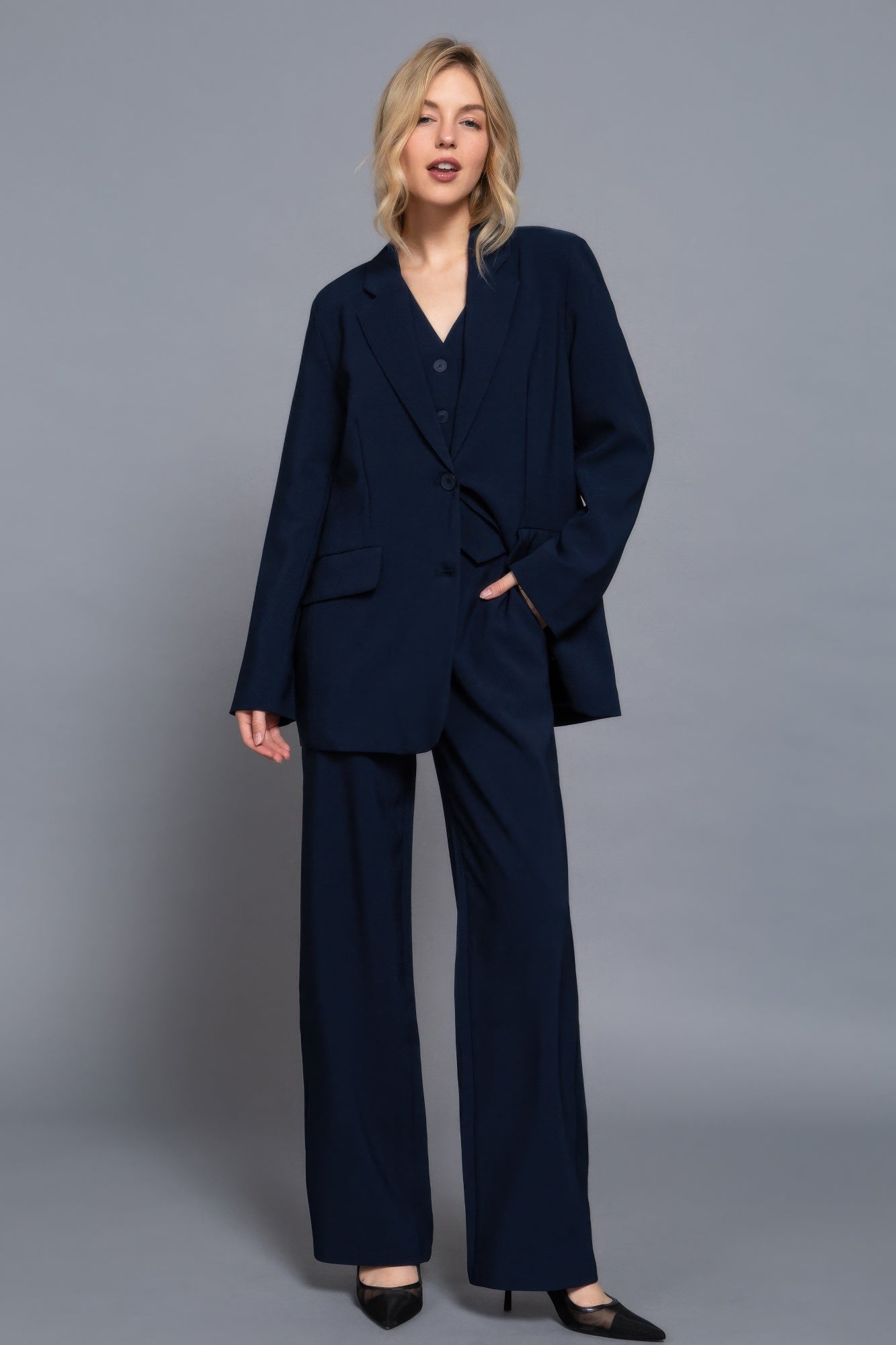 Navy Woven Pants with Back Elastic Waist Secondary image