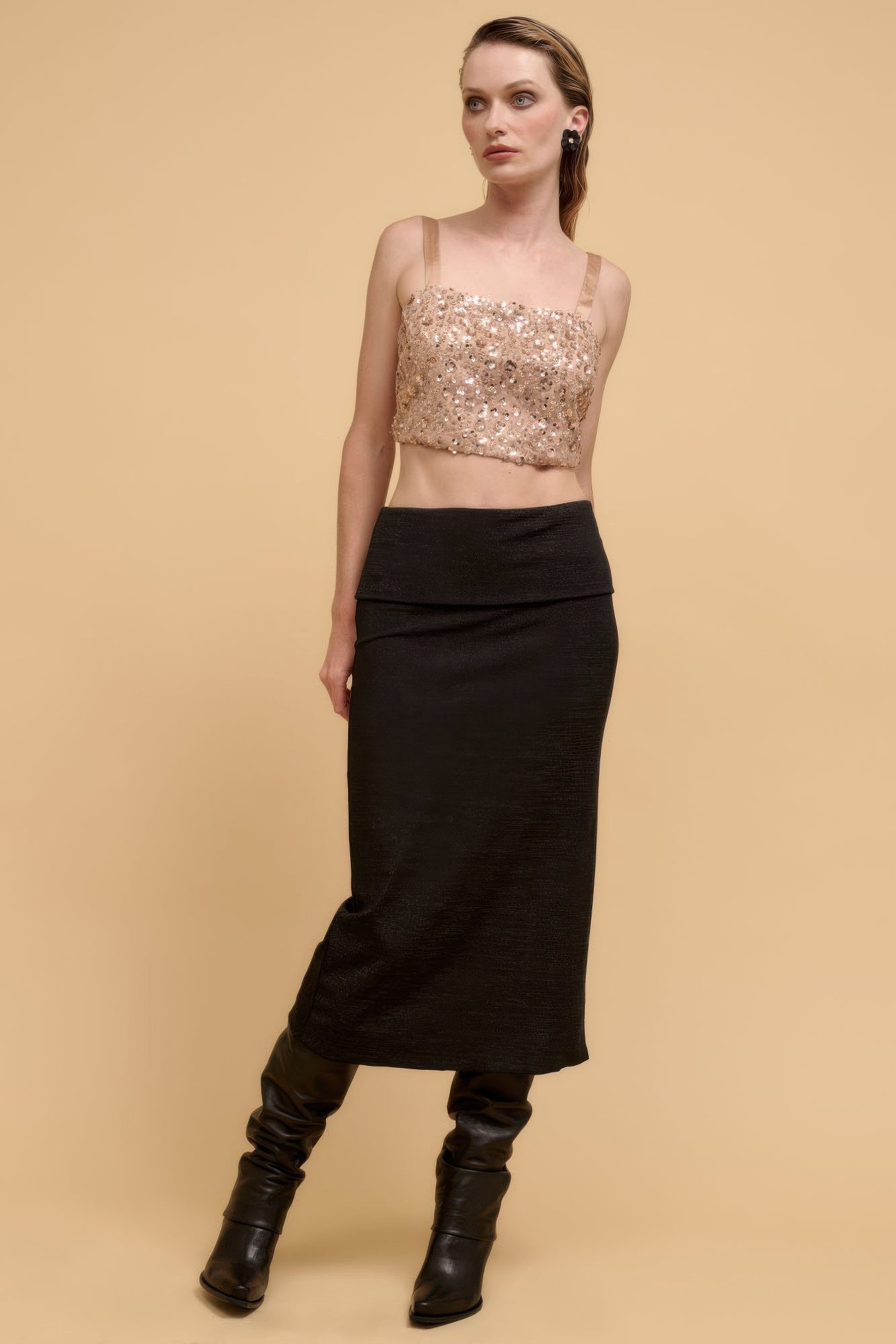 Rose Gold Floral Sequin Straight-Neck Crop Top Secondary image
