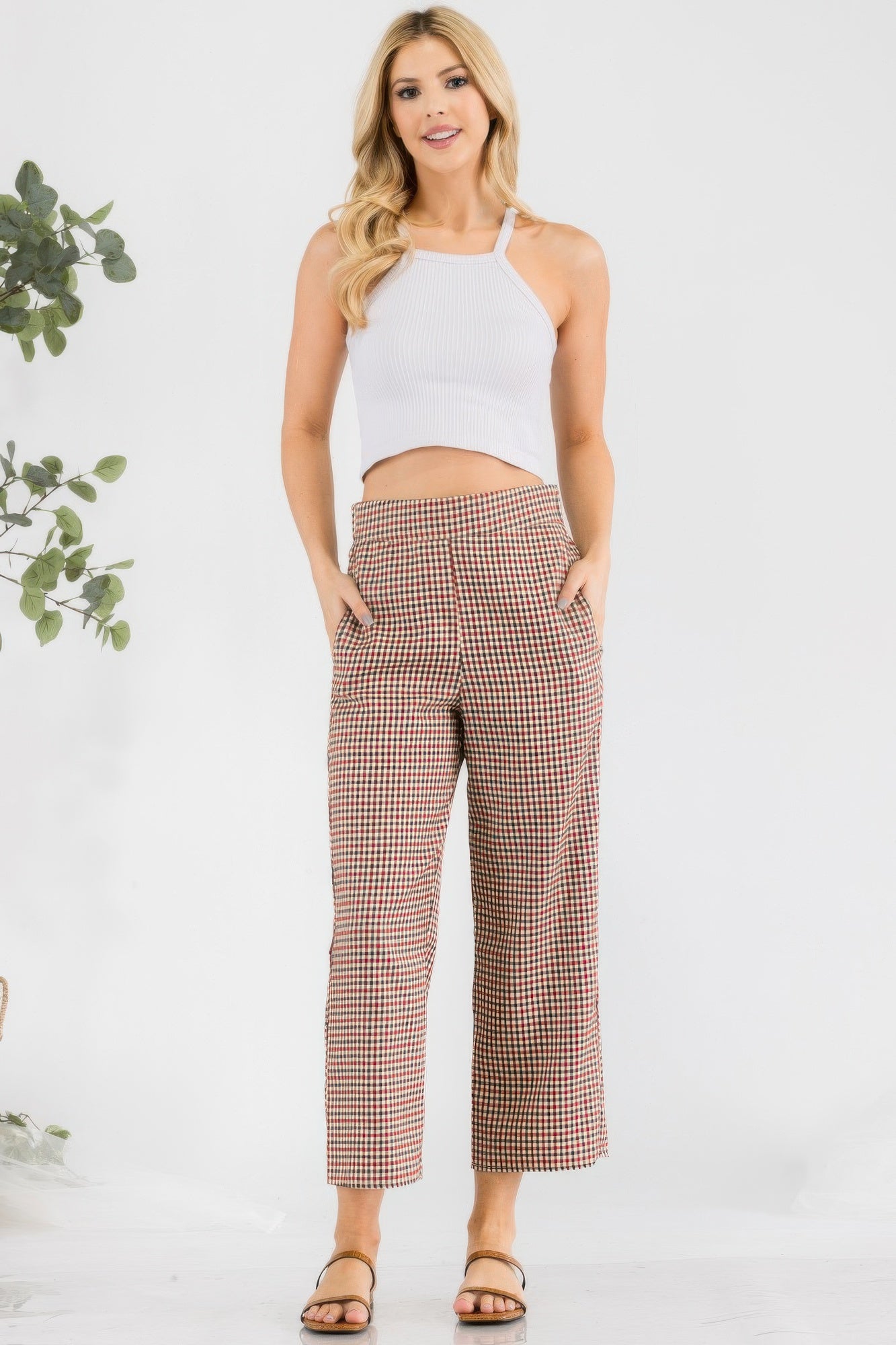 Red Gingham High-Waist Cropped Pants Secondary image
