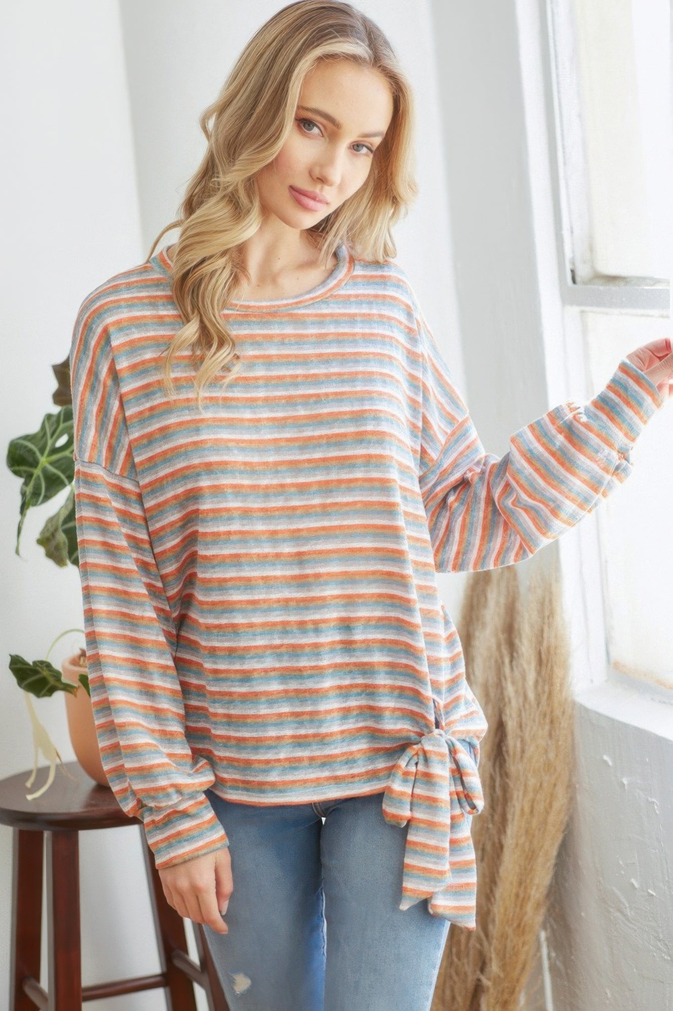 Multicolor Striped Long-Sleeve Top with Side Tie Secondary image