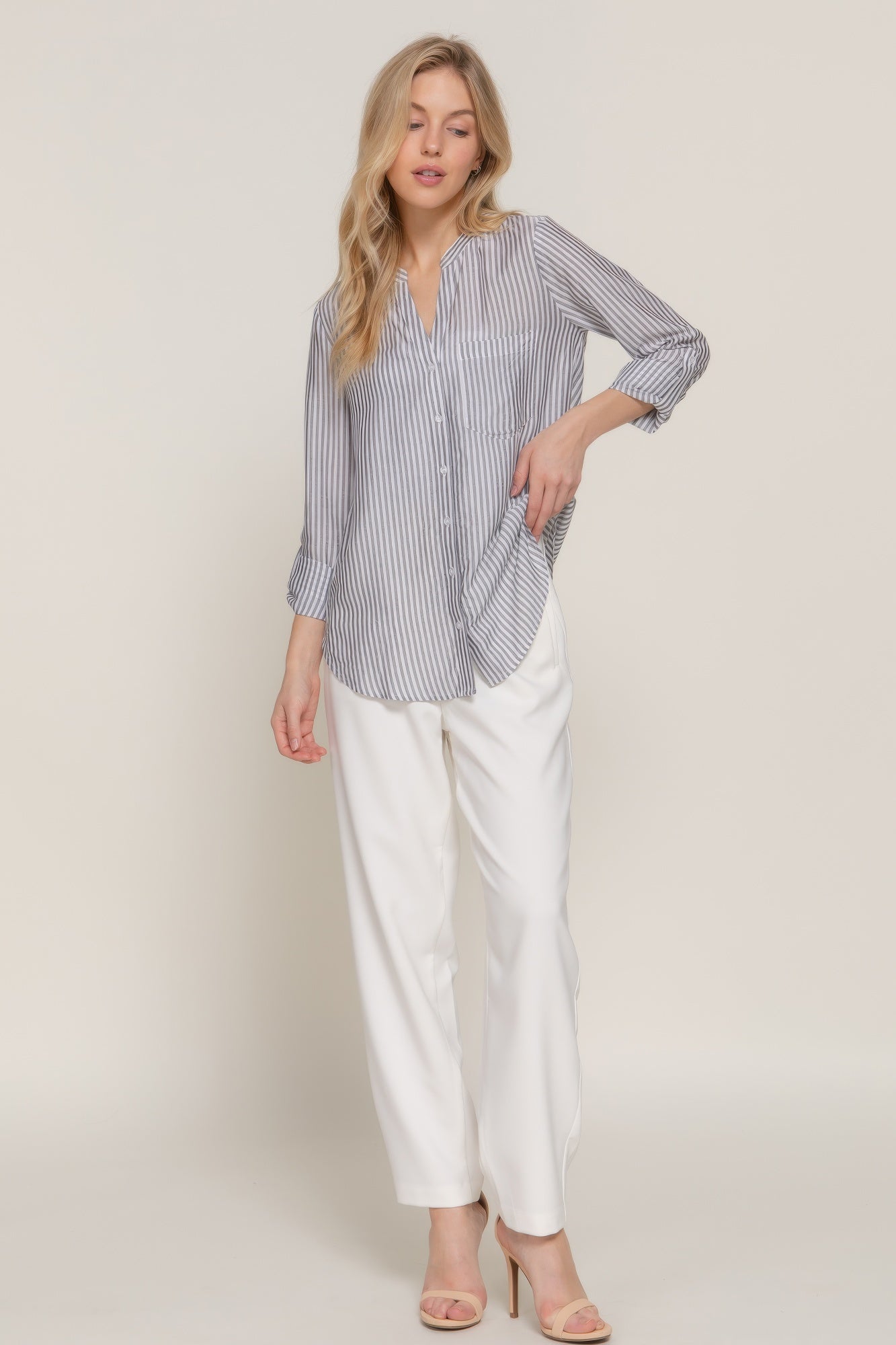 Striped Rayon Button-Front Shirt with Split Neckline Secondary image