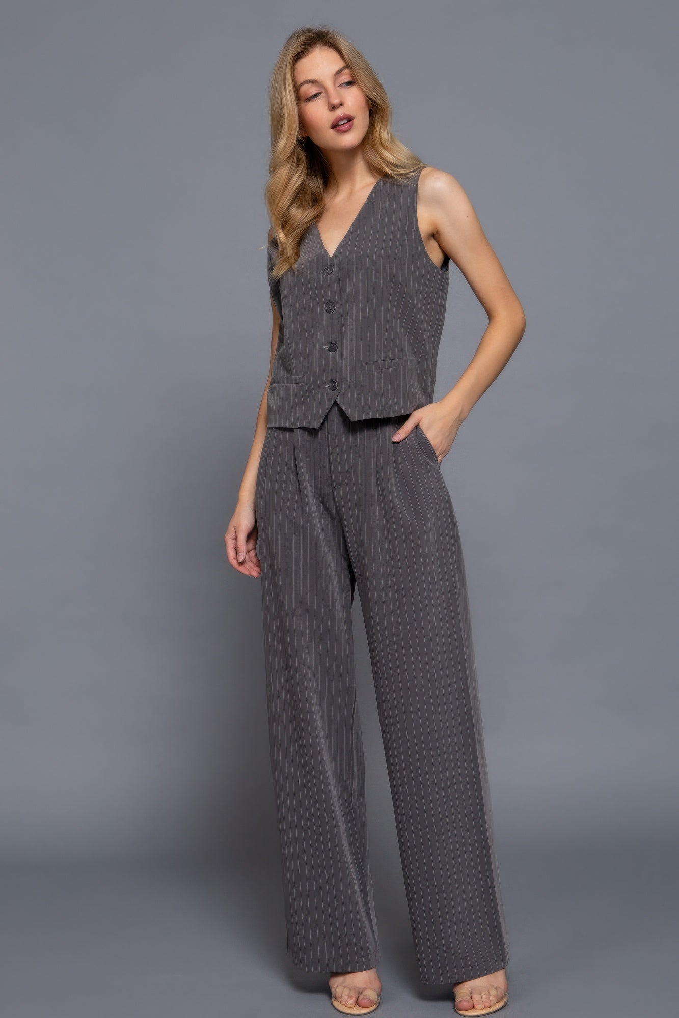 Pinstripe V-Neck Button-Front Woven Vest Secondary image