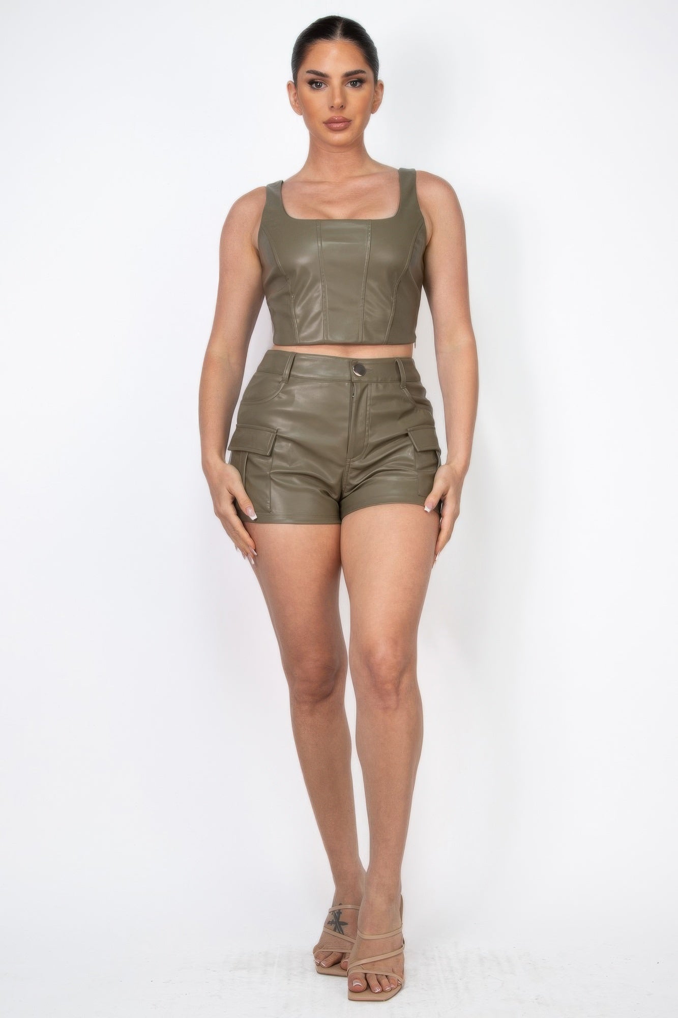 Olive Faux Leather Square-Neck Crop Top Secondary image