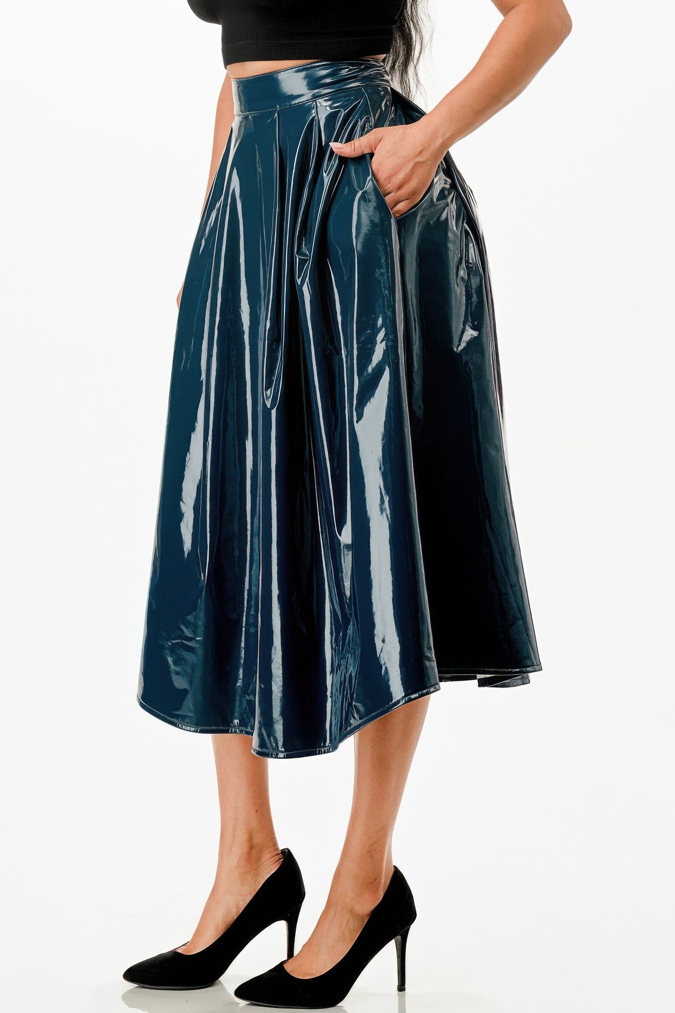 Glossy PU Midi Skirt With Side Pockets Secondary image
