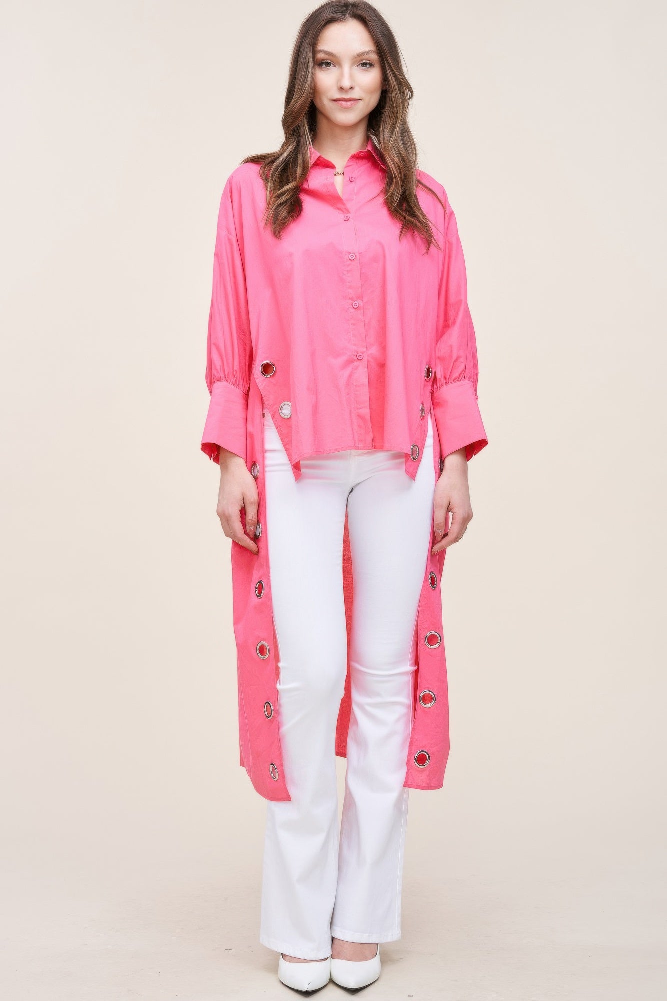 Pink Oversized Cotton Shirt With Ring-Detail Long Back Secondary image
