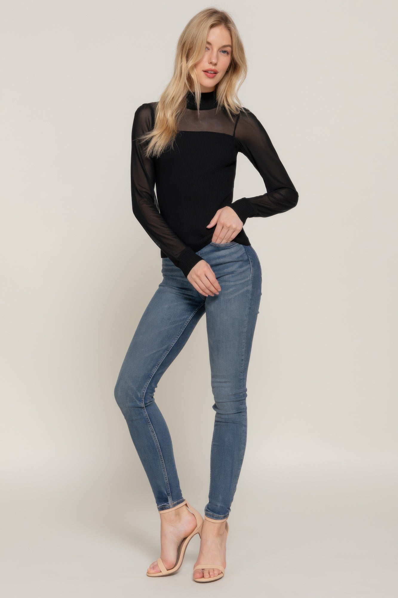 Black Ribbed Sweater Top with Sheer Mesh Panels Secondary image