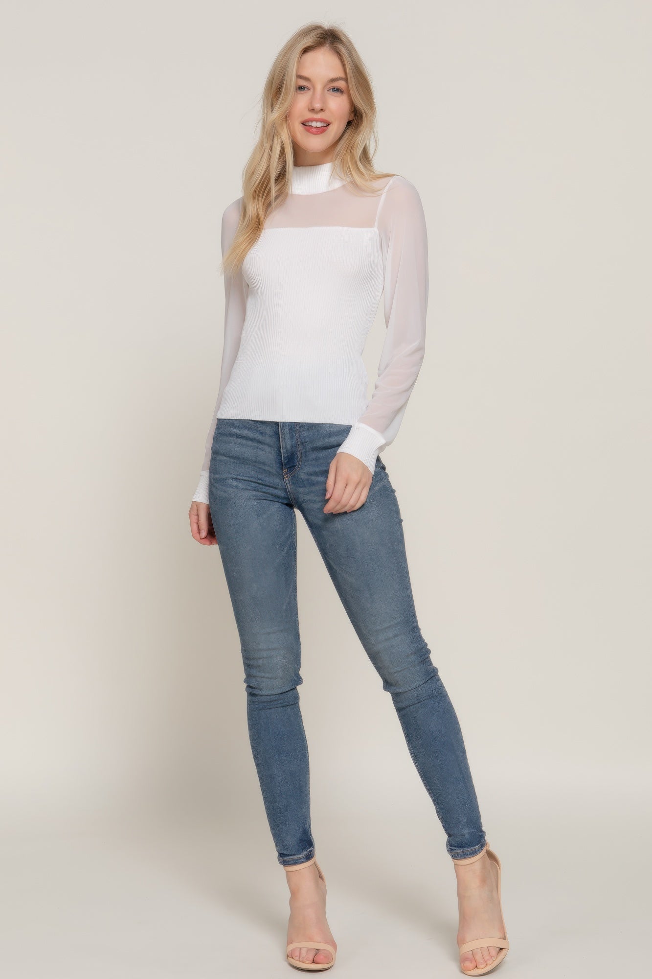 Sheer Sleeve Panel Sweater Top in Off White Secondary image