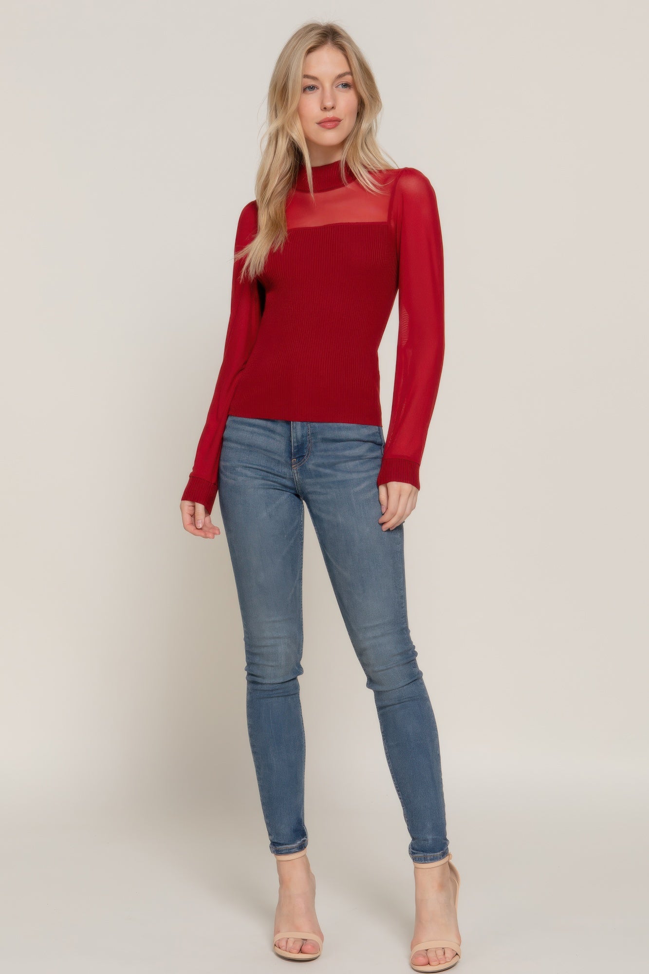 Burgundy Mesh Panel Mock Neck Sweater Top Secondary image