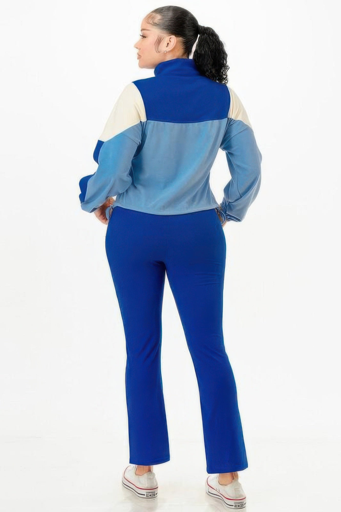 Royal Blue Color-Block Jacket and Flare Pants Set Secondary image