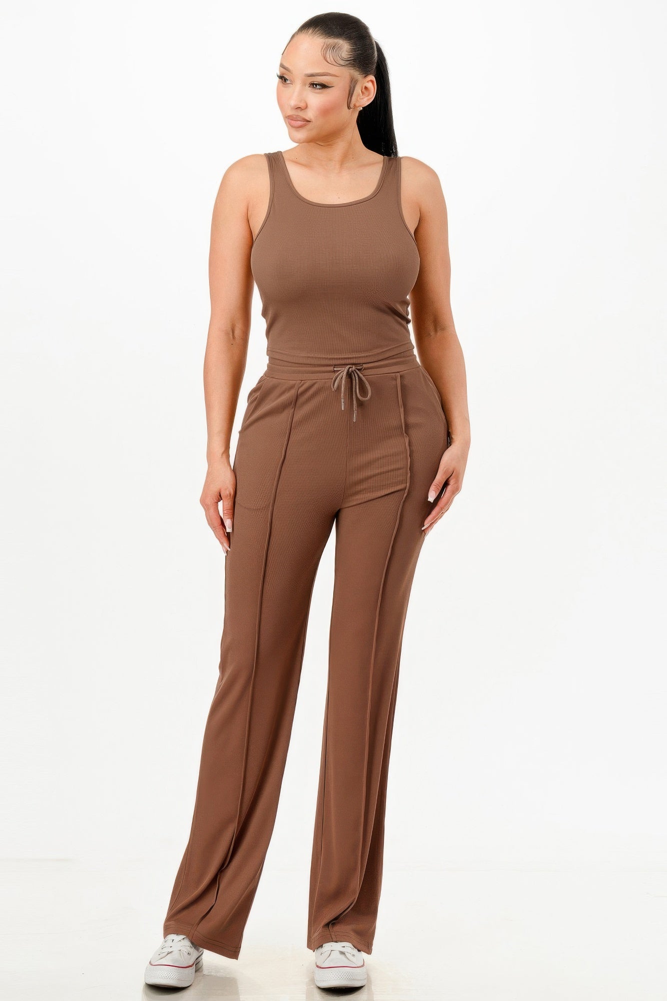 Brown Ribbed Tank and Drawstring Pants Set Secondary image