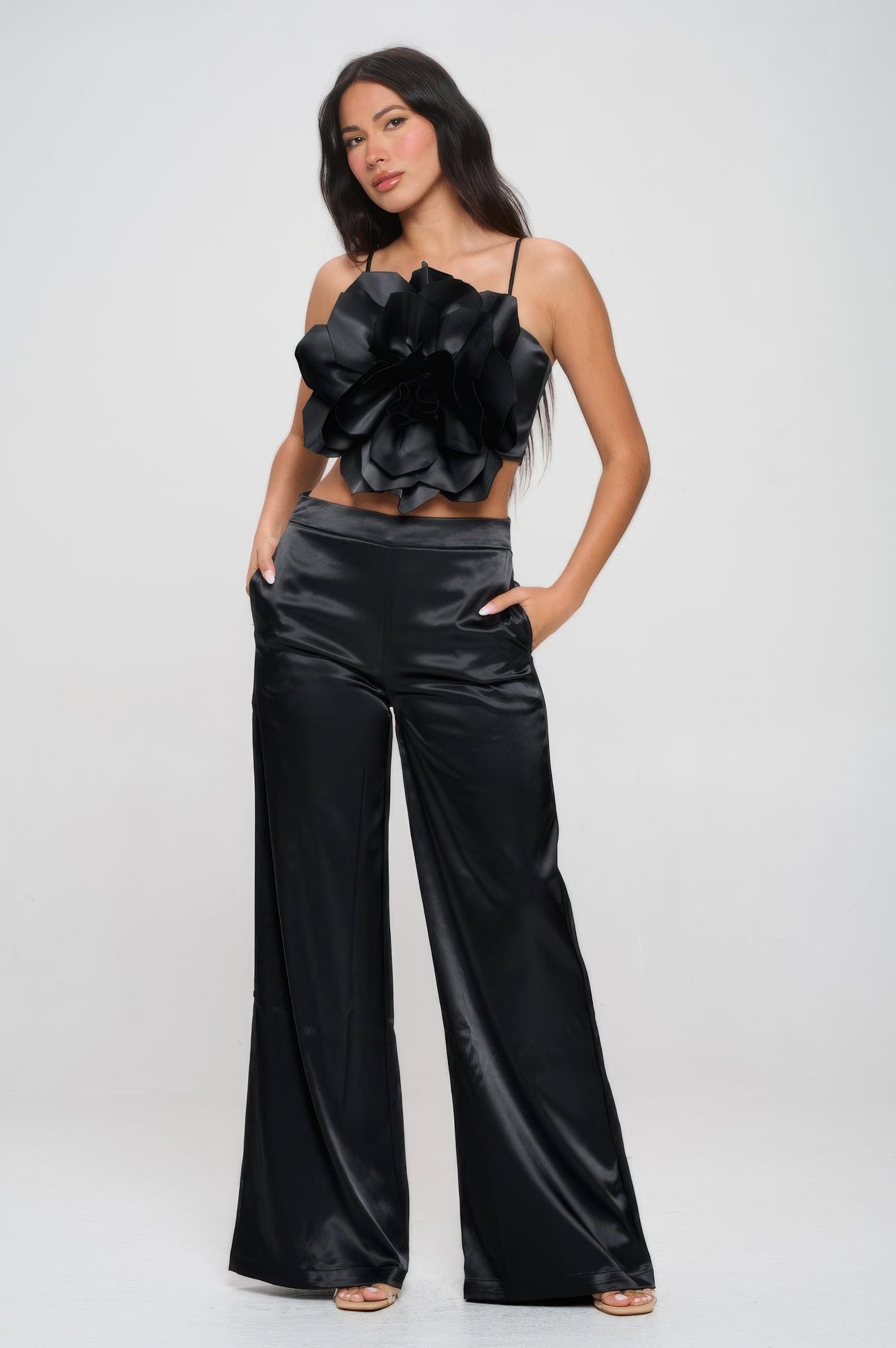 Black Flower Front Crop Top and Wide-Leg Pants Set Secondary image