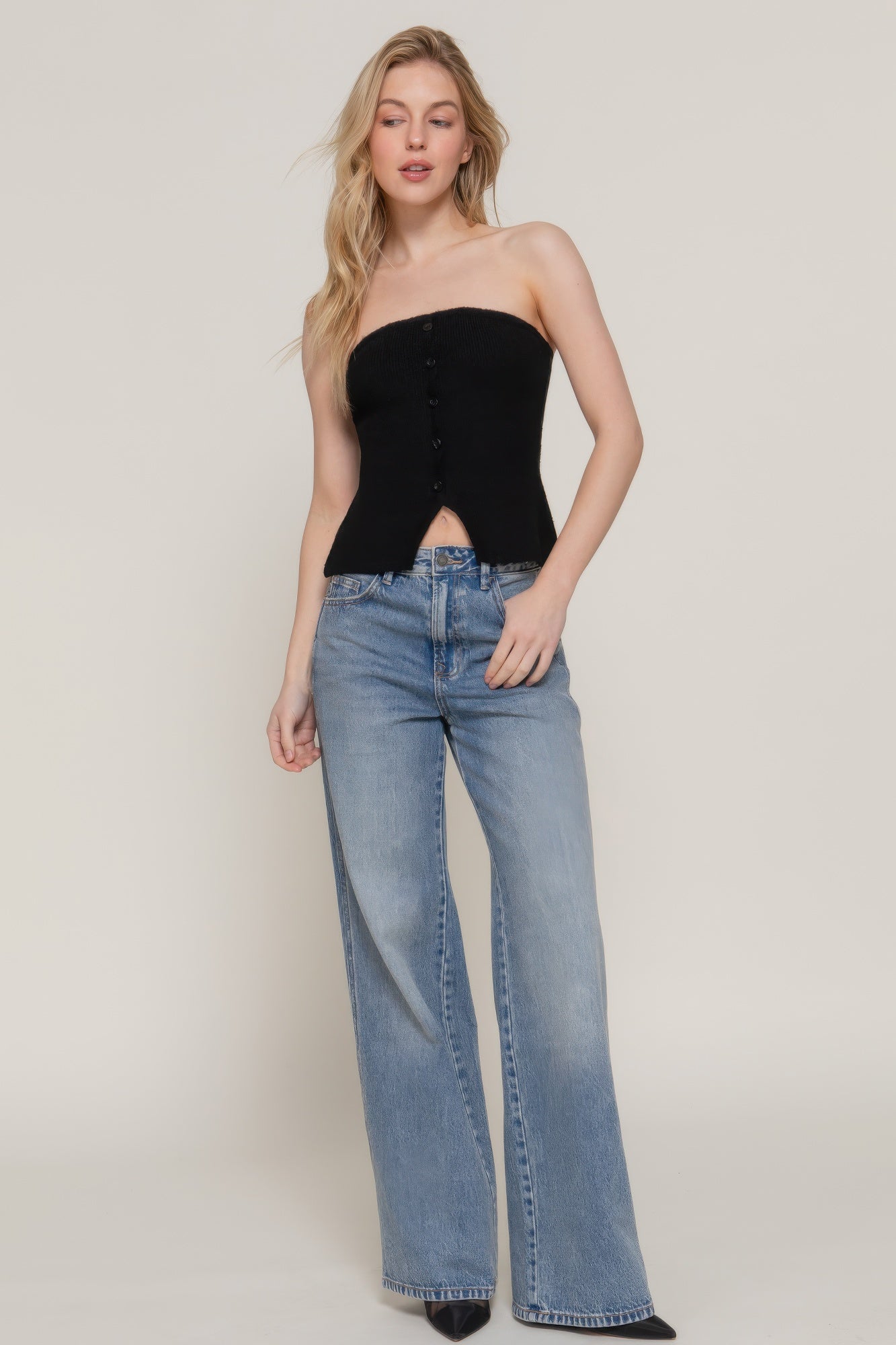 Black Button-Front Tube Sweater Top Secondary image