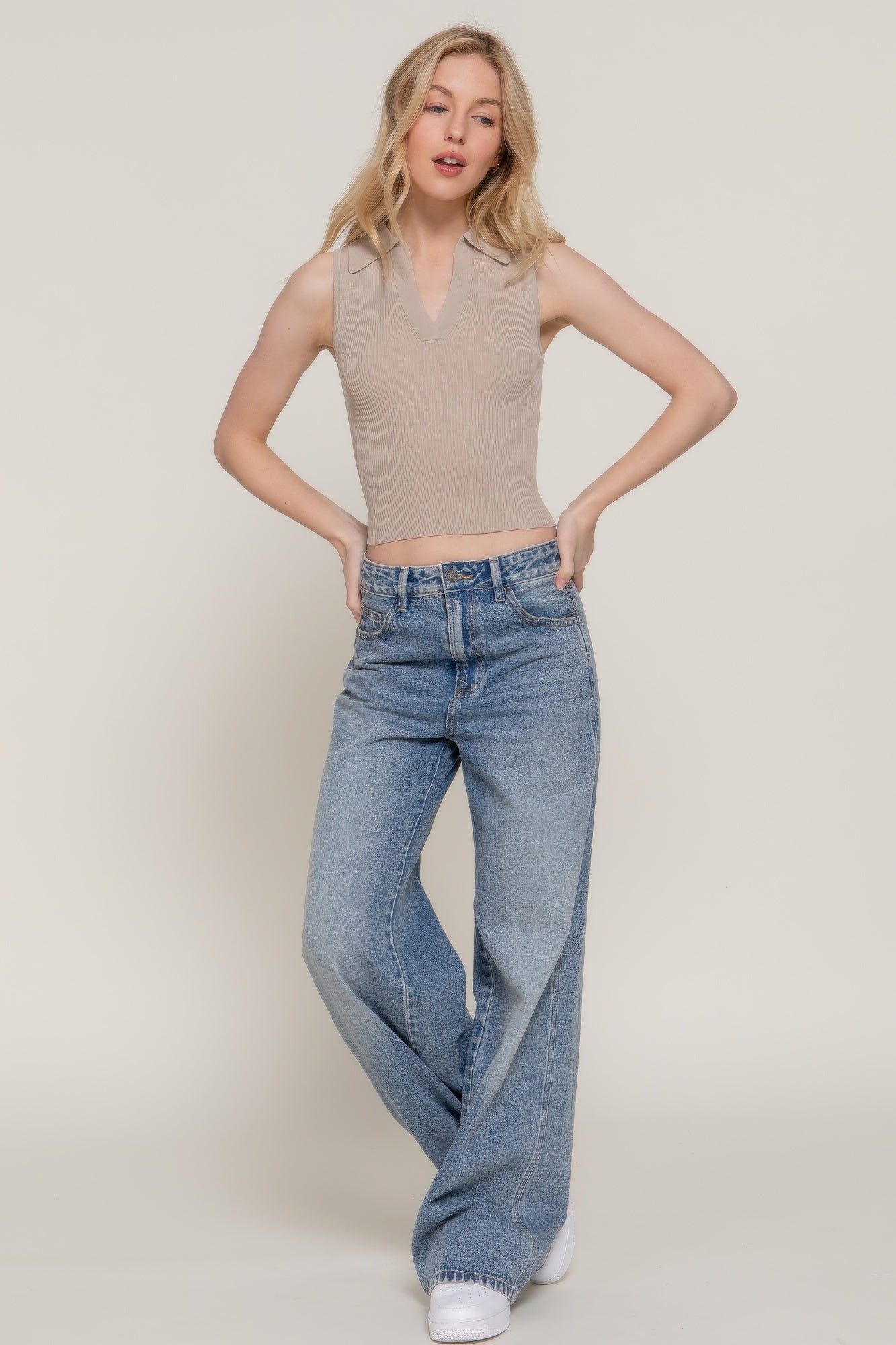 Taupe Ribbed Sleeveless Polo Top Secondary image
