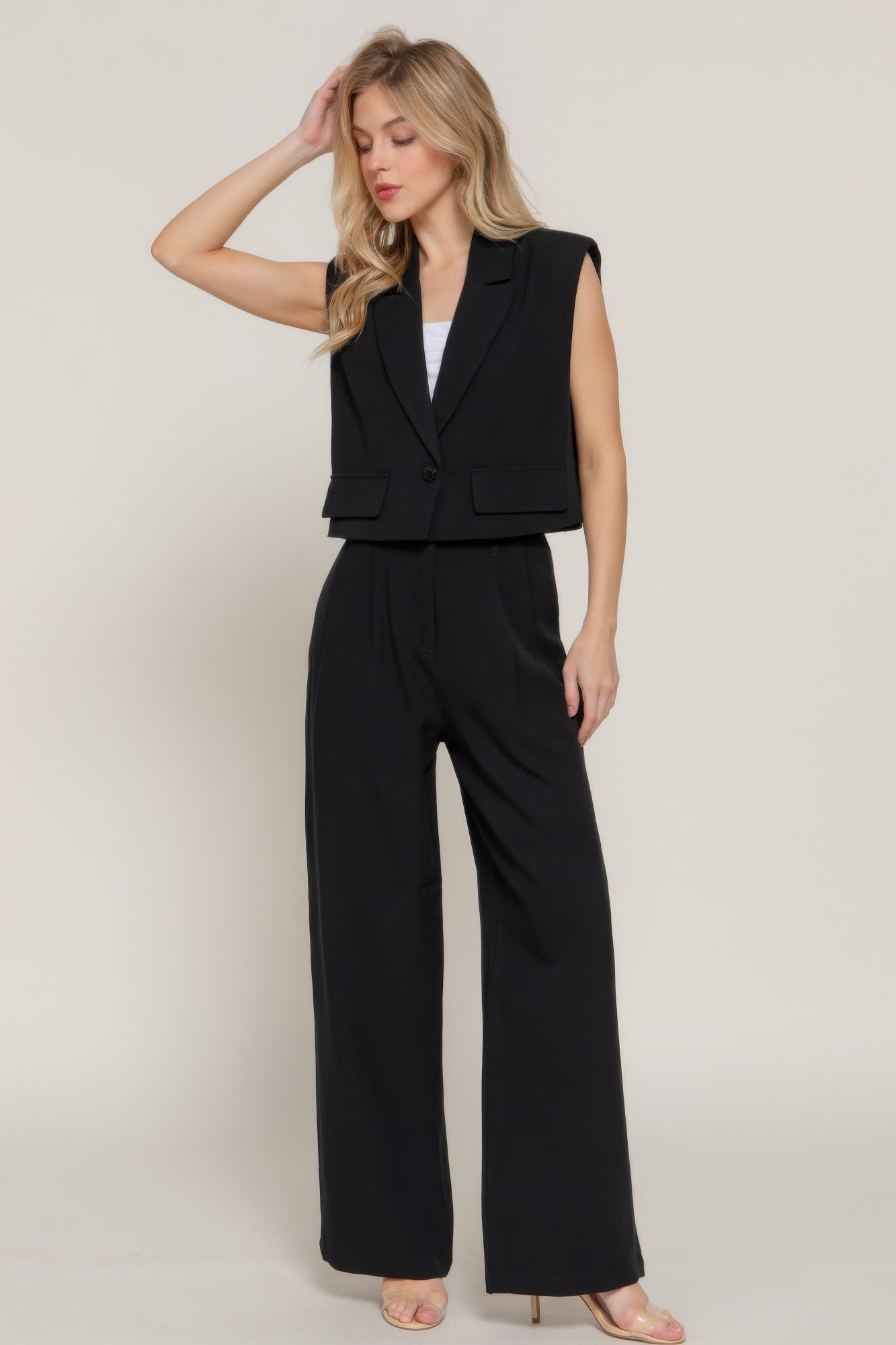 Black Cropped Tailored Vest with Lapel Collar Secondary image