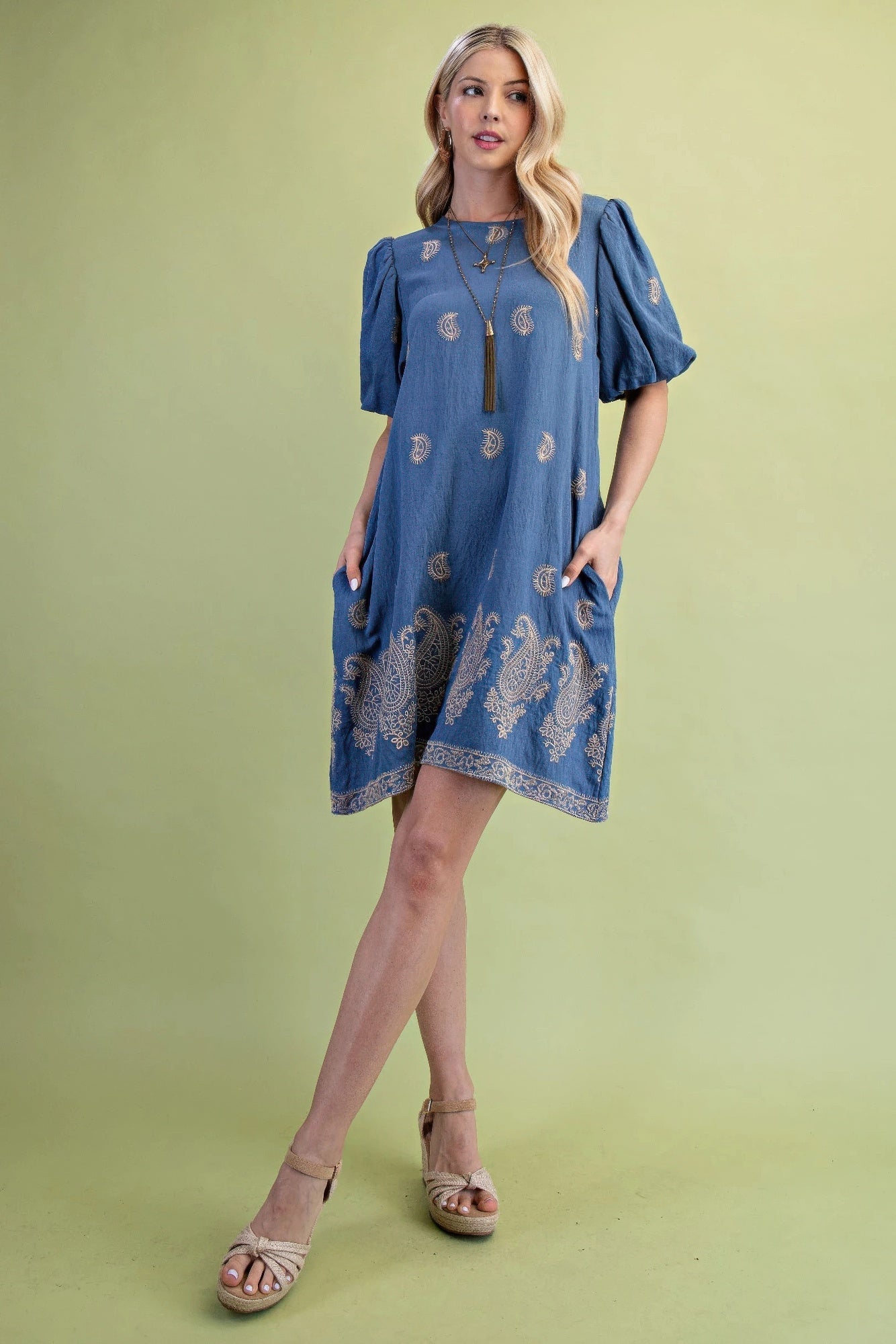 Steel Blue Paisley Embroidered Puff Sleeve Mini Dress Secondary image