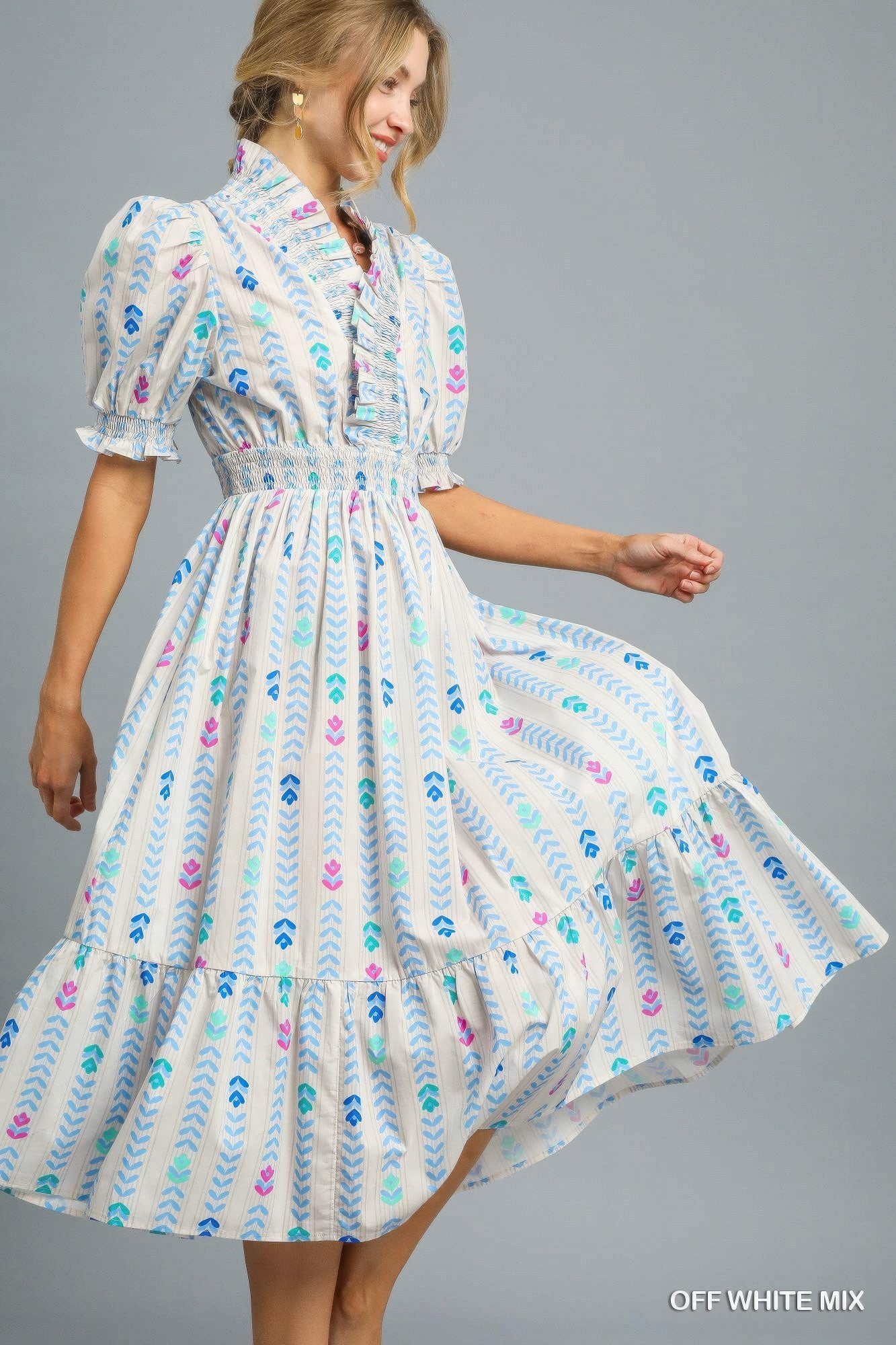 Printed Ruffle-Collar Smocked Midi Dress Secondary image