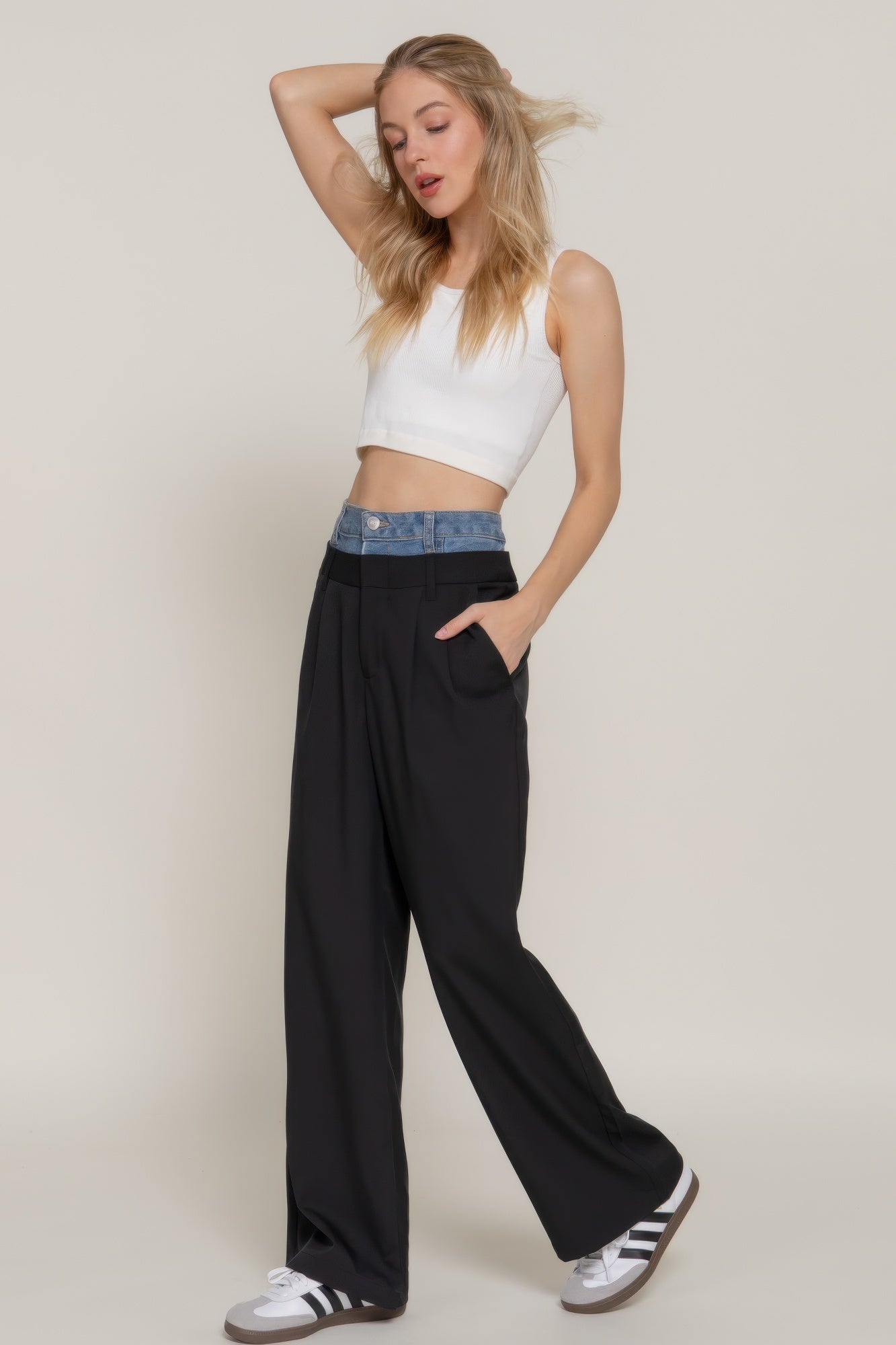 Black Straight-Leg Pants with Contrast Denim Waistband Secondary image