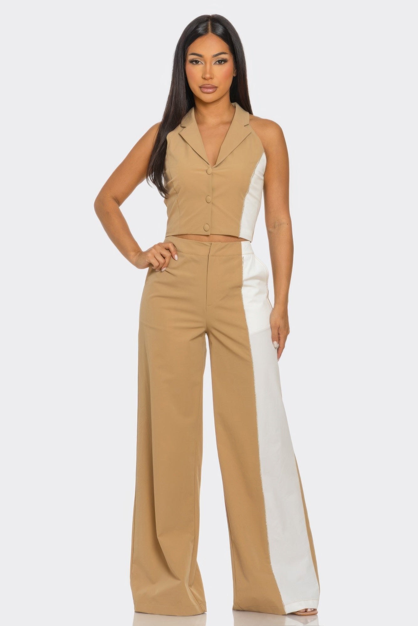 Two-Tone Cropped Top and Wide-Leg Pants Set Secondary image