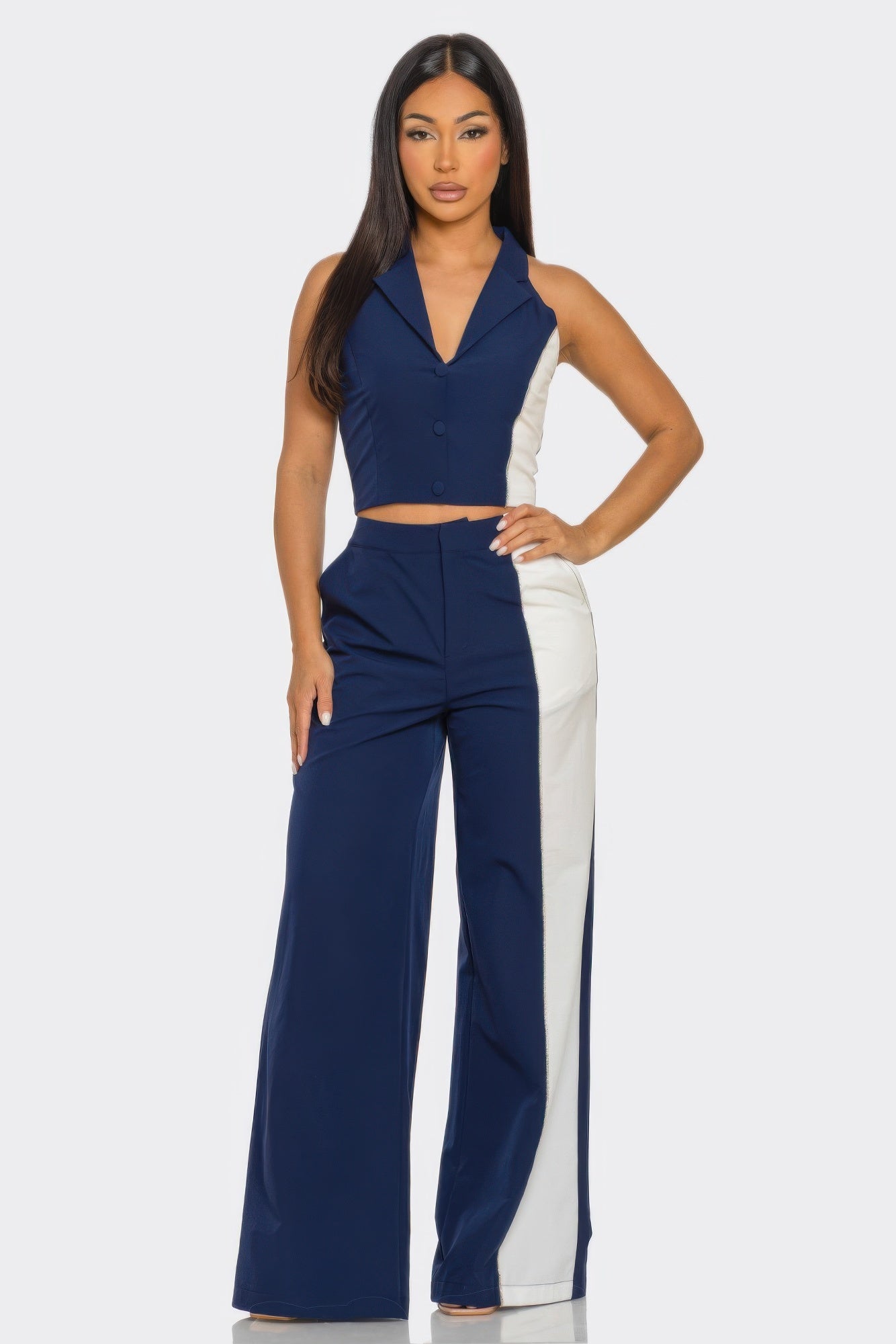 Navy and Cream Two-Piece Wide-Leg Pant Set Secondary image