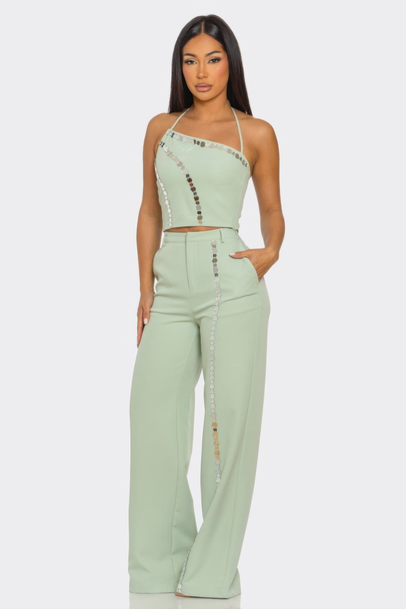 Sage Two-Piece Pants Set with Metallic Disc Details Secondary image