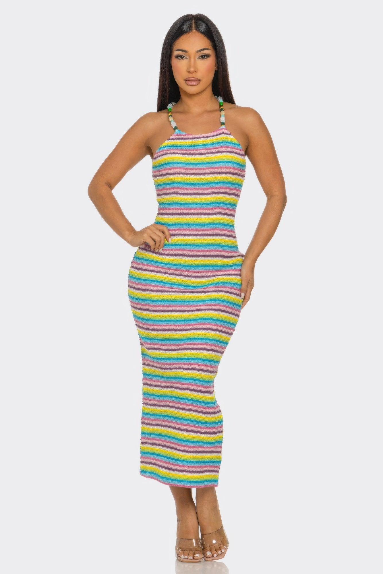 Striped Beaded-Strap Midi Dress Secondary image