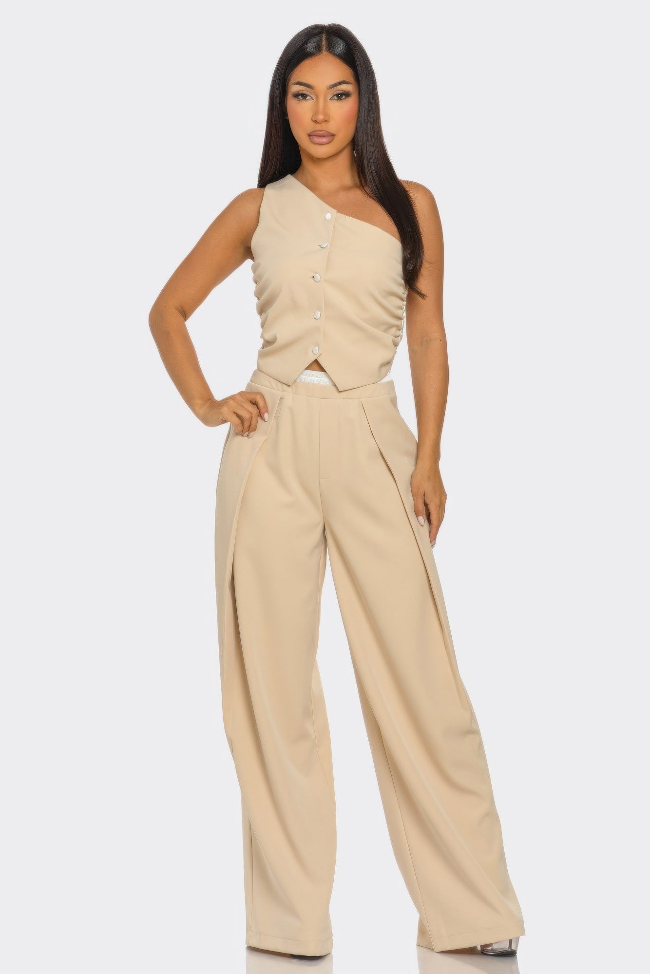 Stone One-Shoulder Vest and Wide-Leg Pants Set Secondary image