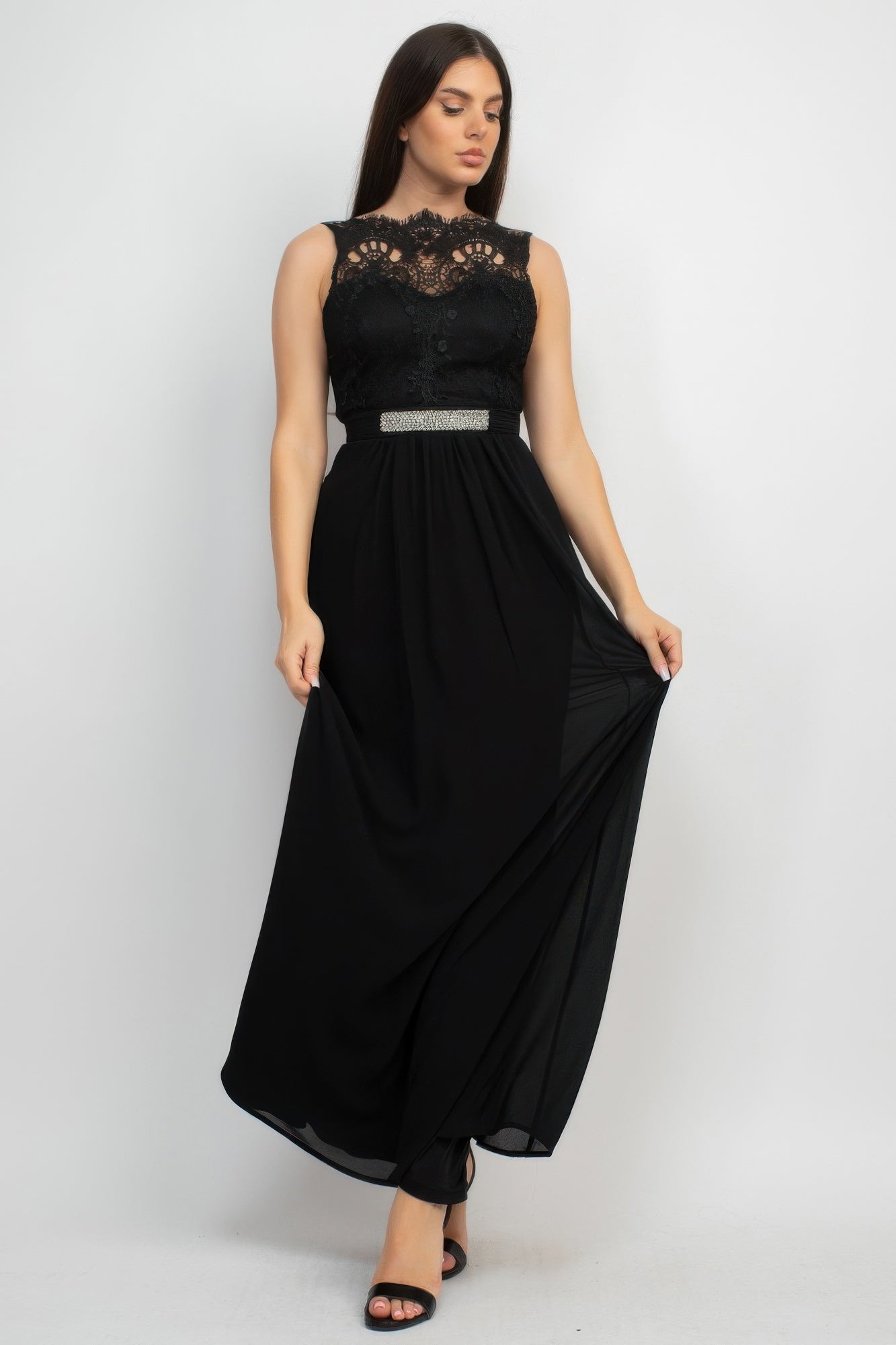Black Lace Bodice Jeweled Waist Maxi Dress Secondary image