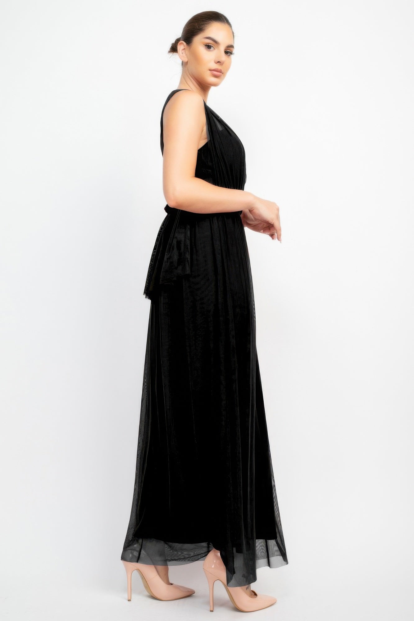 Black Mesh Overlay Maxi Dress with Convertible Wrap Secondary image
