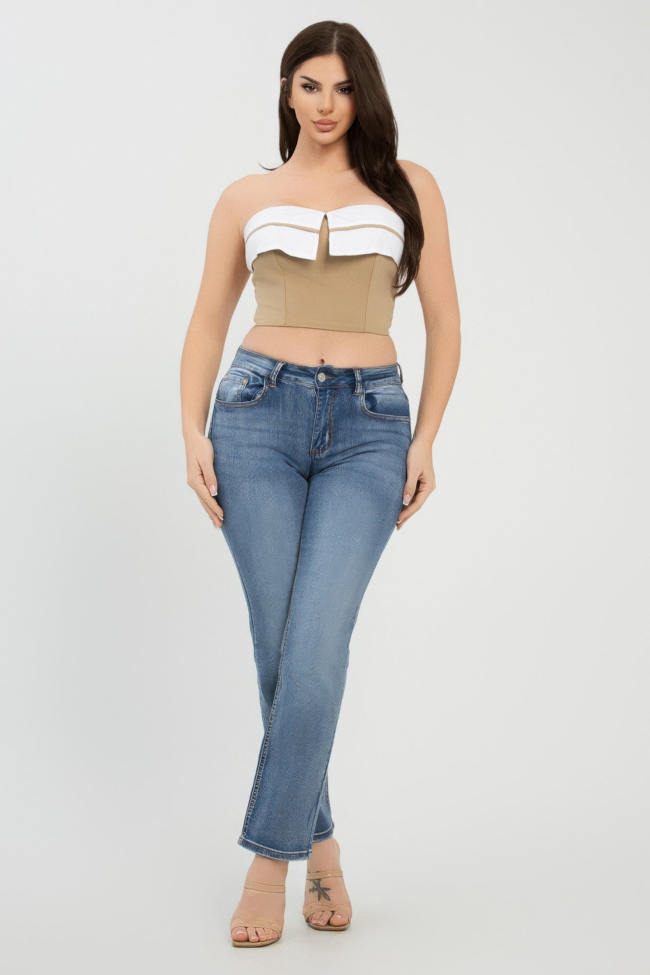 Khaki Contrast Fold-Over Strapless Crop Top Secondary image