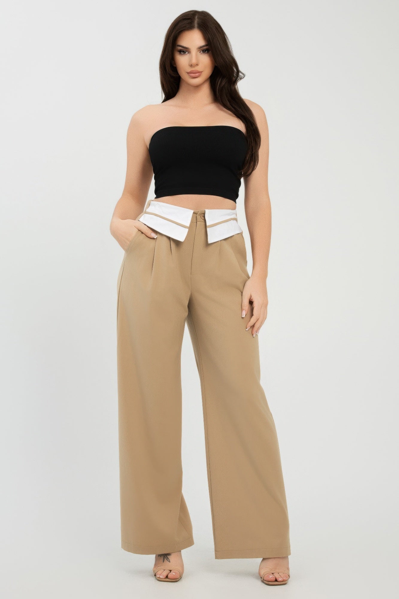 Khaki Wide-Leg Pants with White Fold-Over Waistband Secondary image