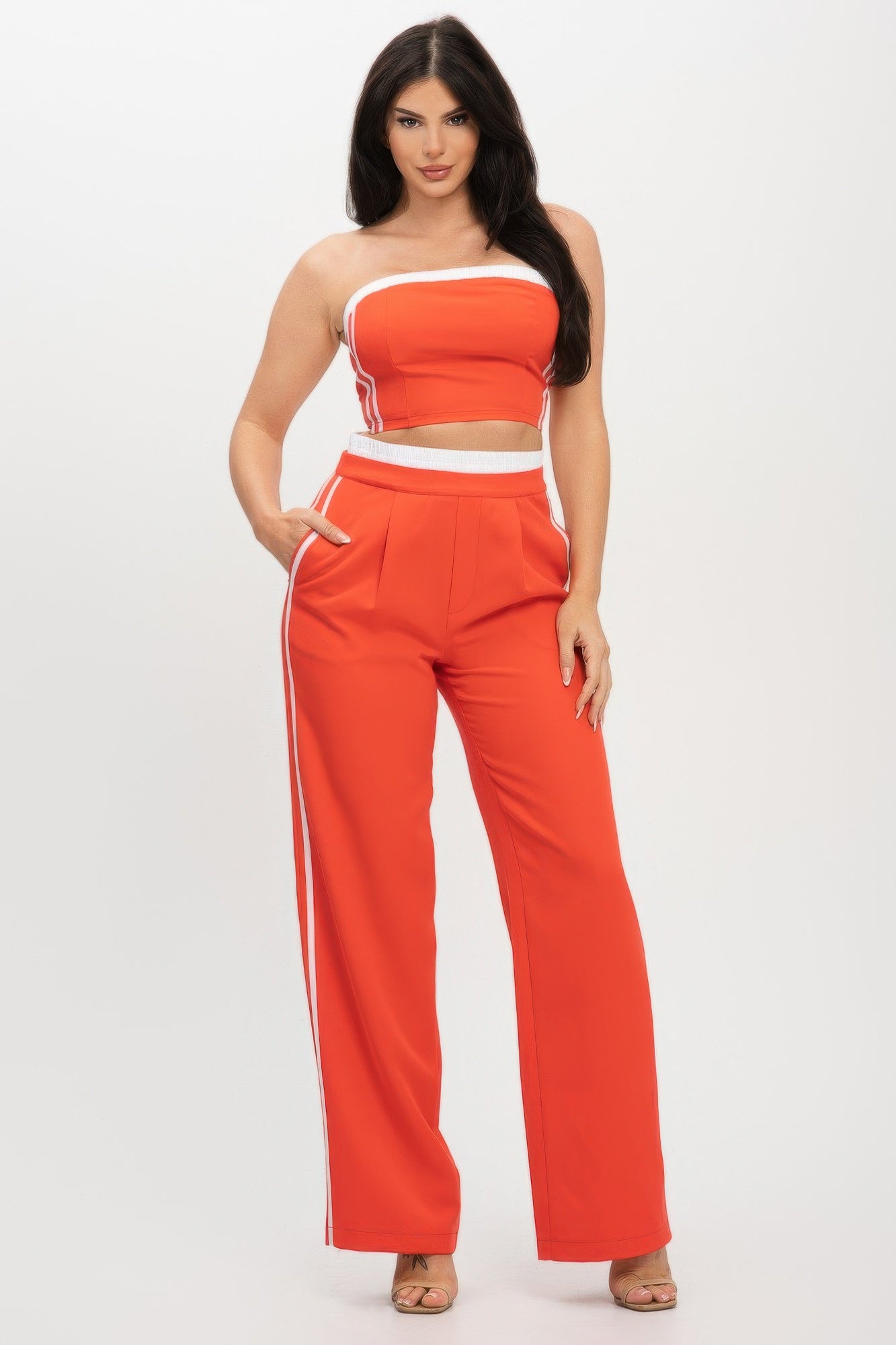 Orange Contrast Stripe Crop Top and Wide-Leg Pants Set Secondary image